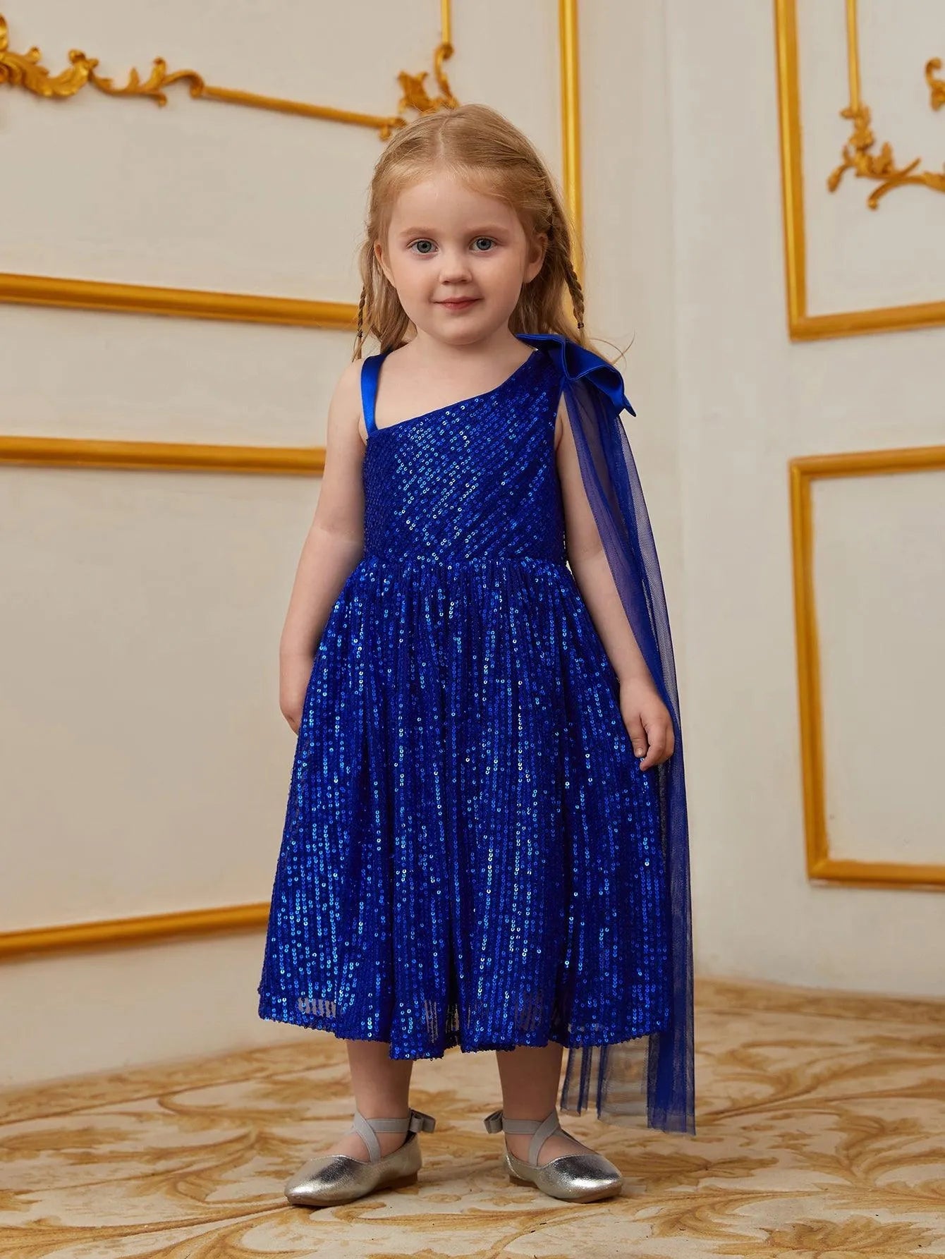 Young Girls' Bow Detail Draped Side Sequin Midi Dress