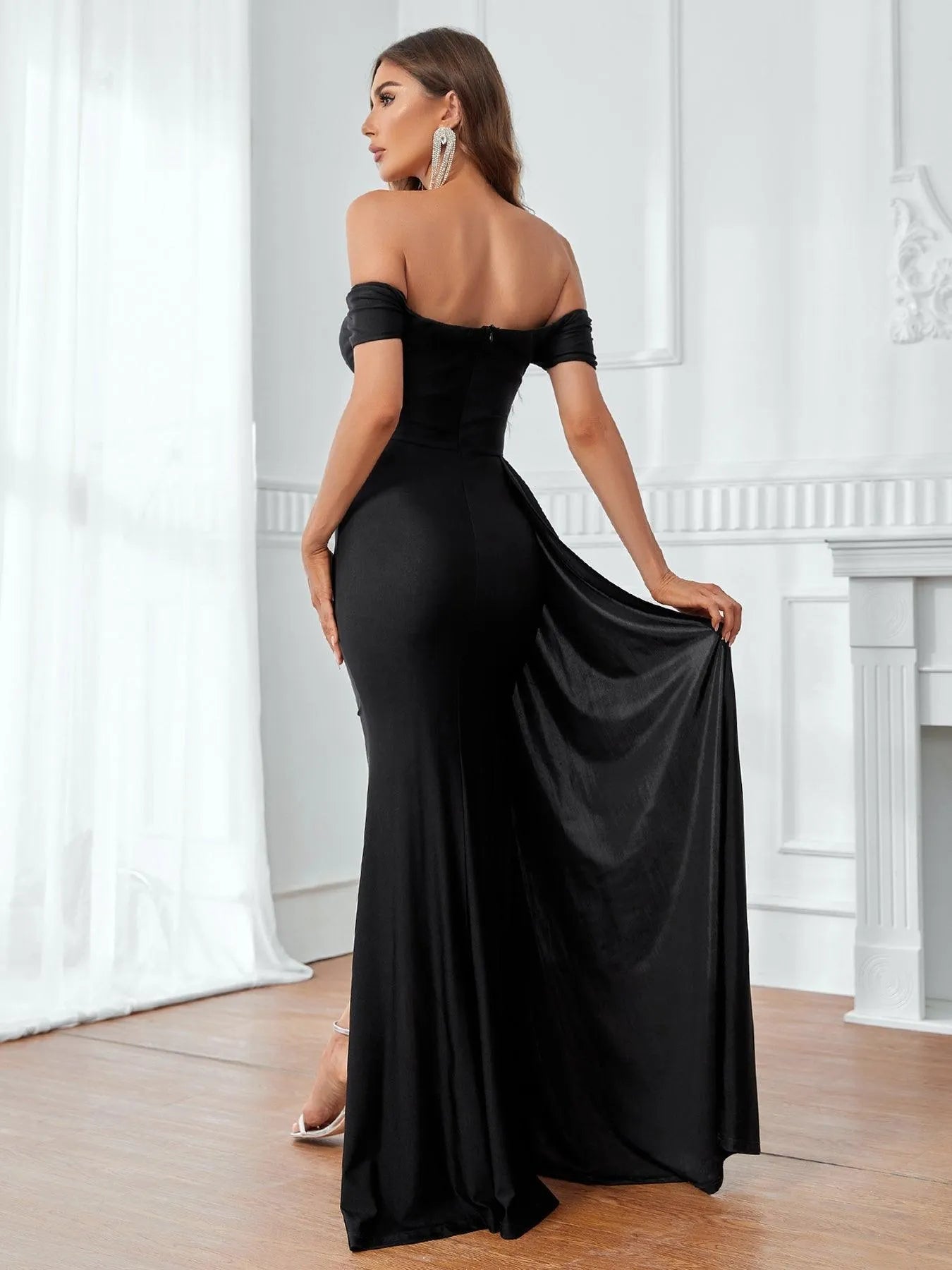 Off Shoulder Short Sleeve Draped Side Slit Party Dress