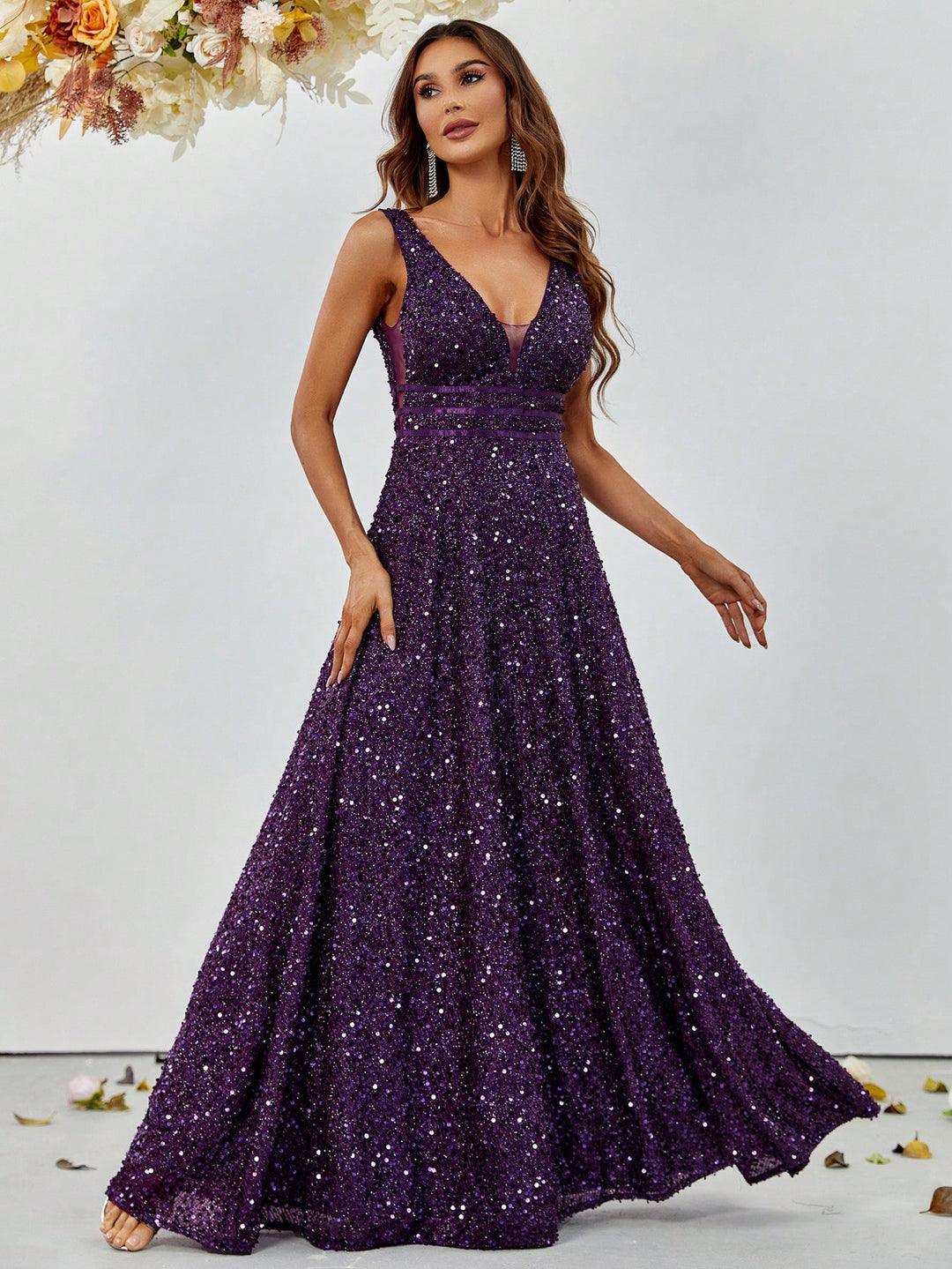 Elegant Deep V Neck Sequin A Line Prom Dresses