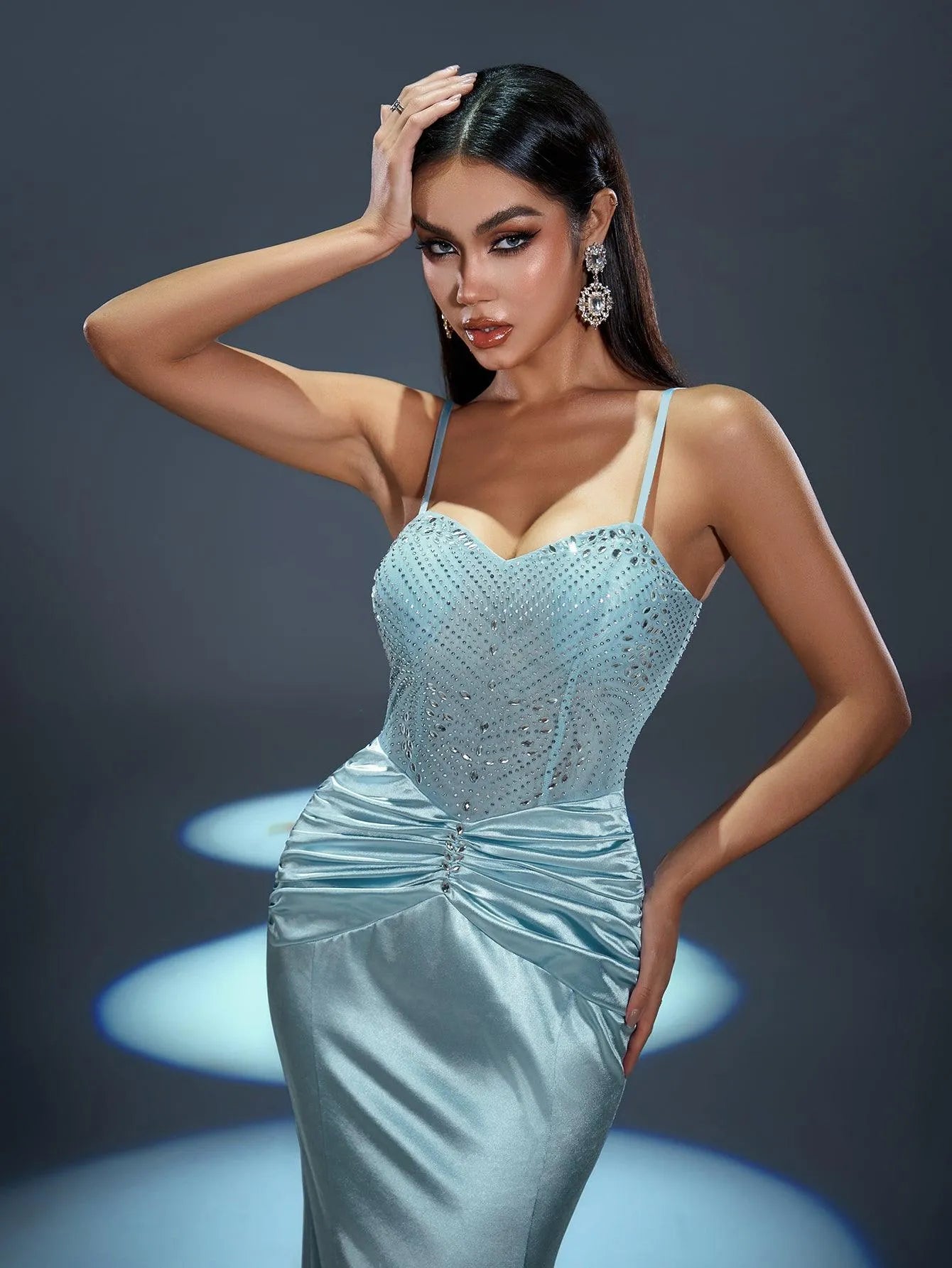 Rhinestone Detail Spaghetti Straps Satin Mermaid Dress