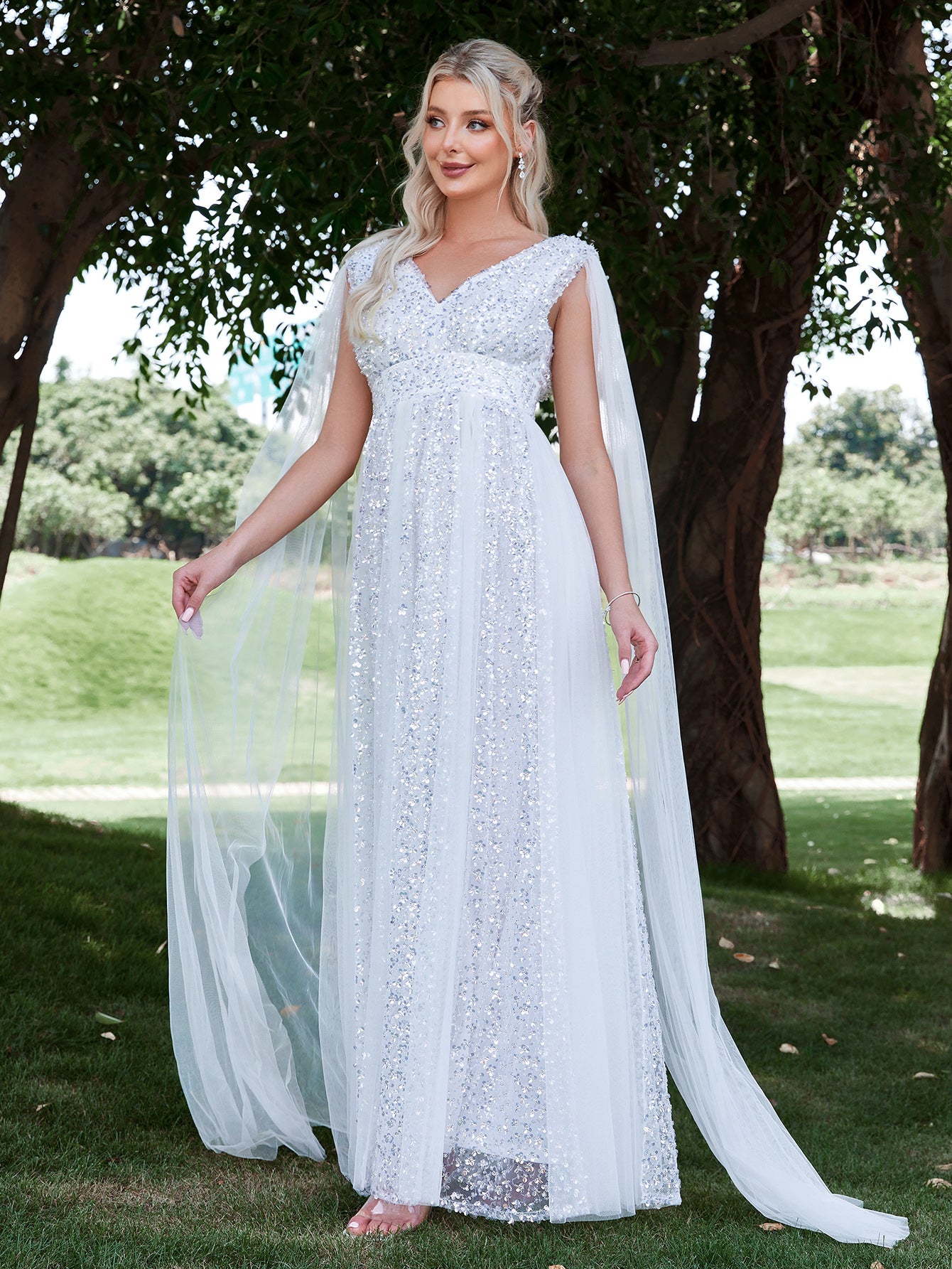 Plunging Neck Cloak Sleeve Sequin Wedding dress