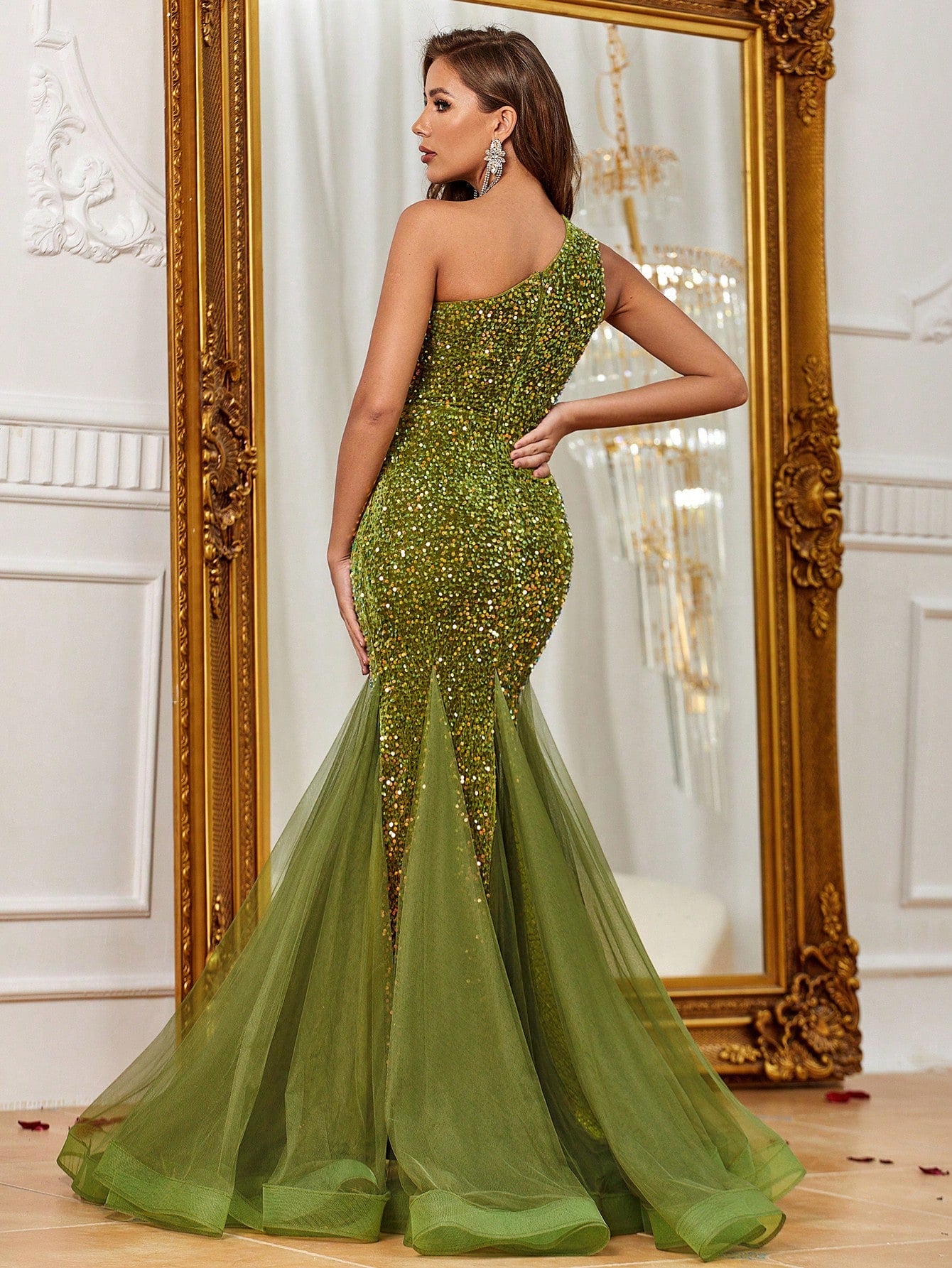 Elegant One Shoulder Sleeveless Mesh Insert Sequin Mermaid Dress