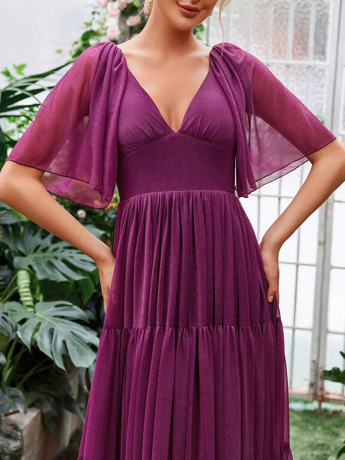 Solid Plunging Neck Butterfly Sleeves Dress