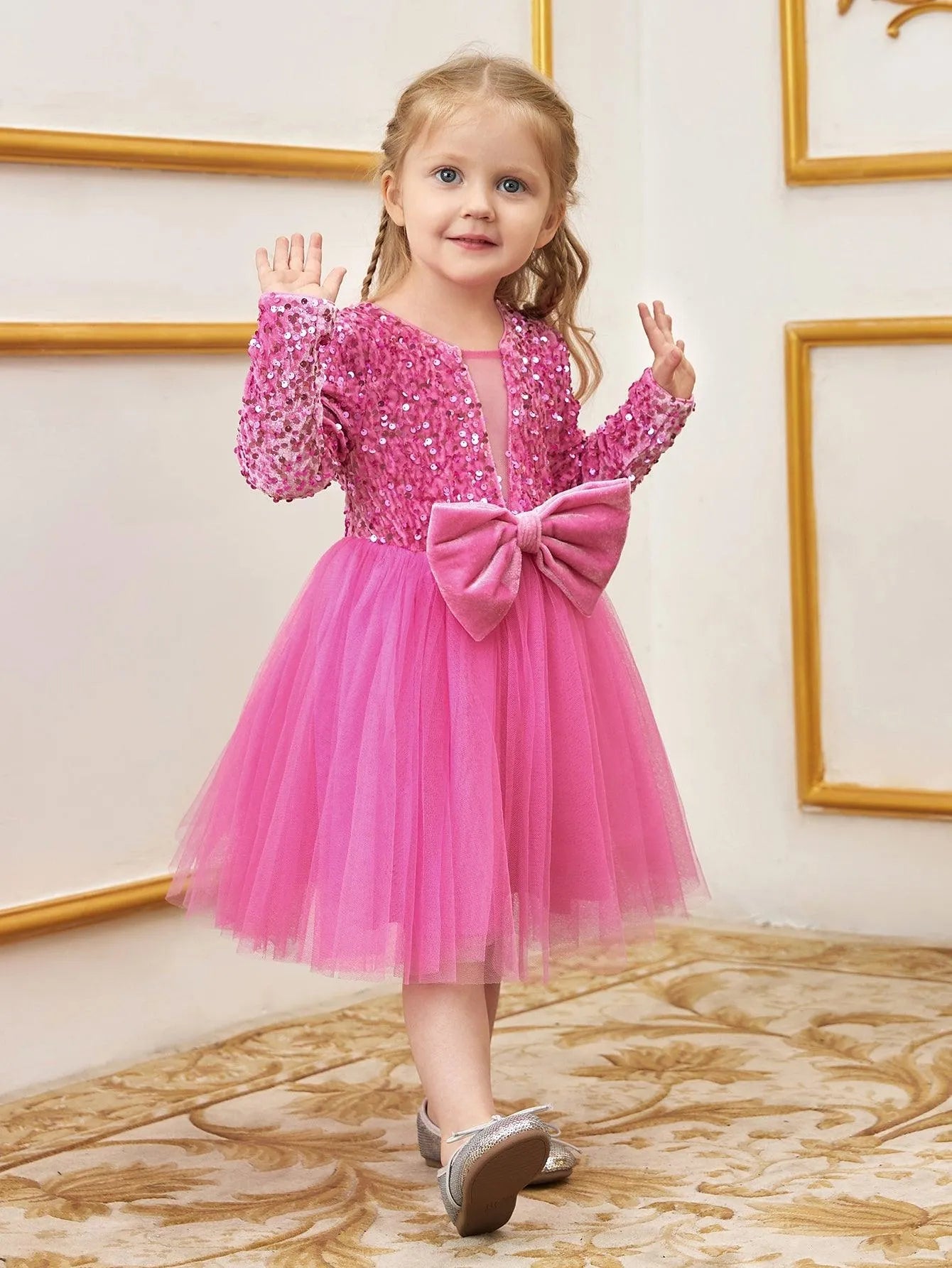 Young Girls' Cute Bow Front Long Sleeve Party Dress