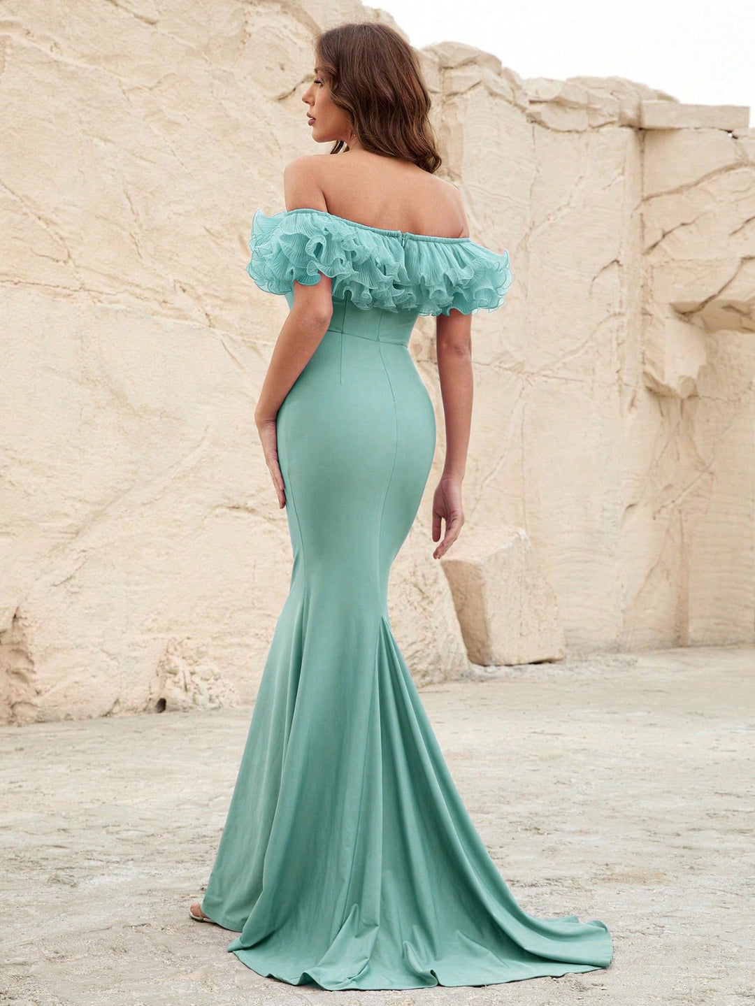 Off Shoulder Ruffle Trim Mermaid Dress