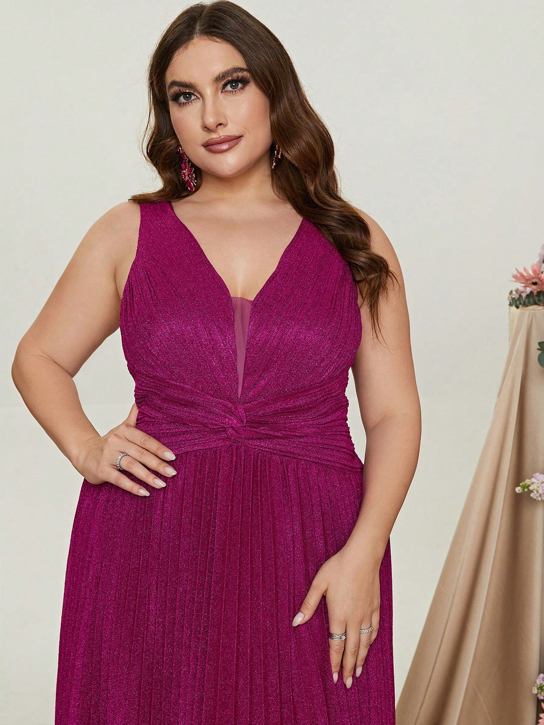 Plus Glitter V Neck Sleeveless Maxi A Line Pleated Gown