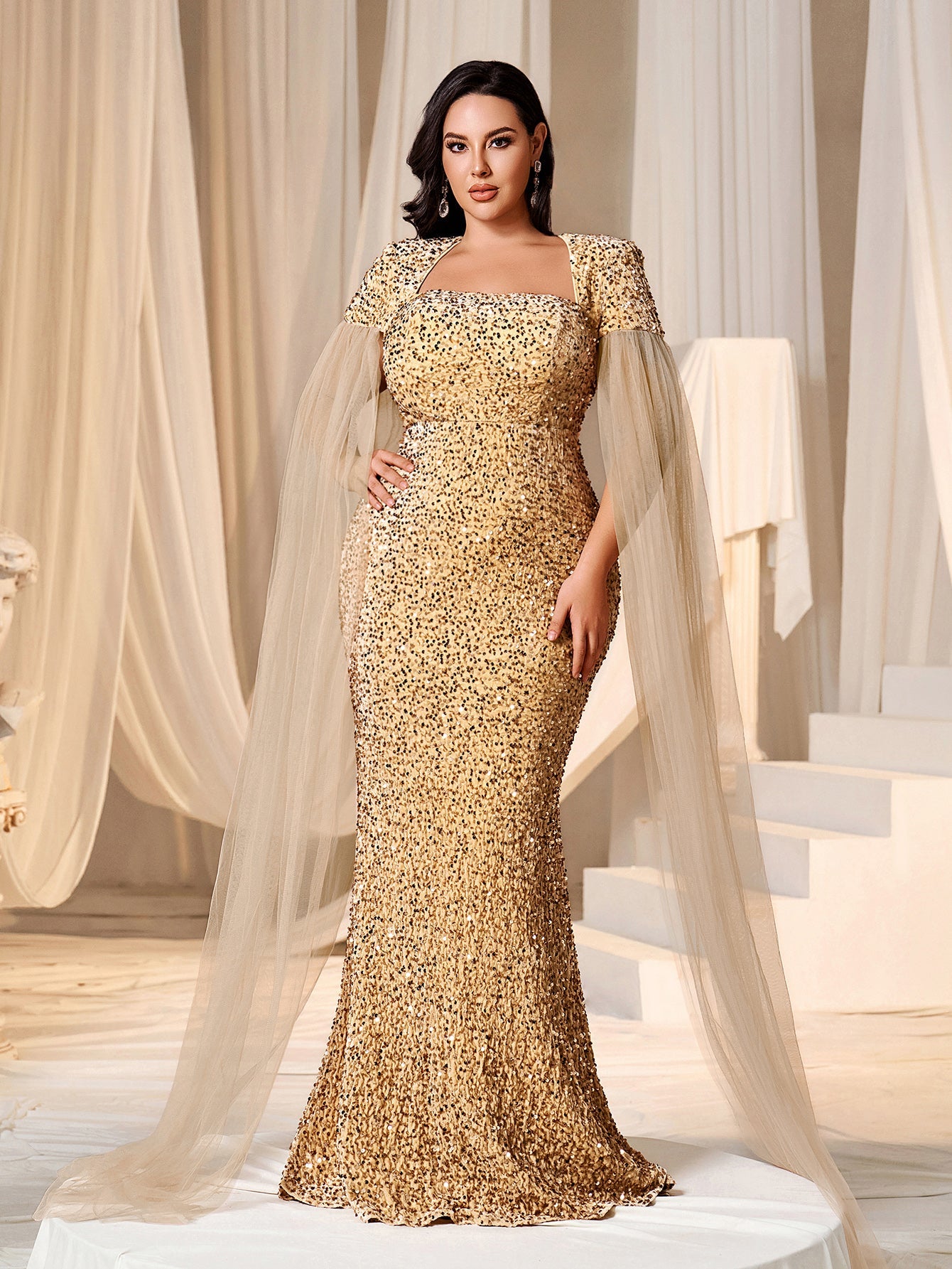 Plus Square Neck Cape Sleeves Sequin Mermaid Dress