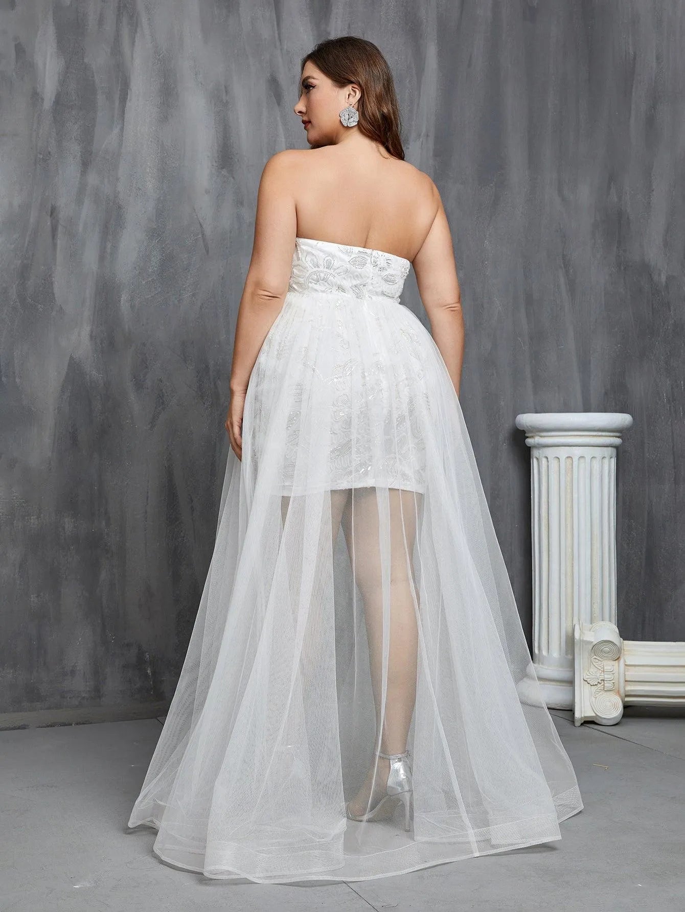 Plus Mesh Overlay Sequin Tube Wedding Dress