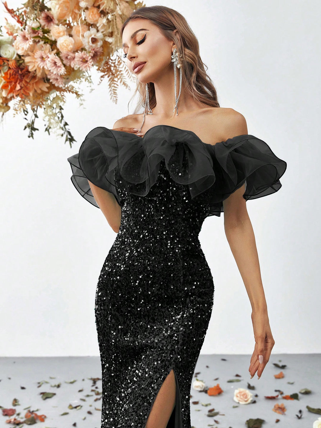 Elegant Off Shoulder Ruffle Trim Split Thigh Sequin Mermaid Dresses