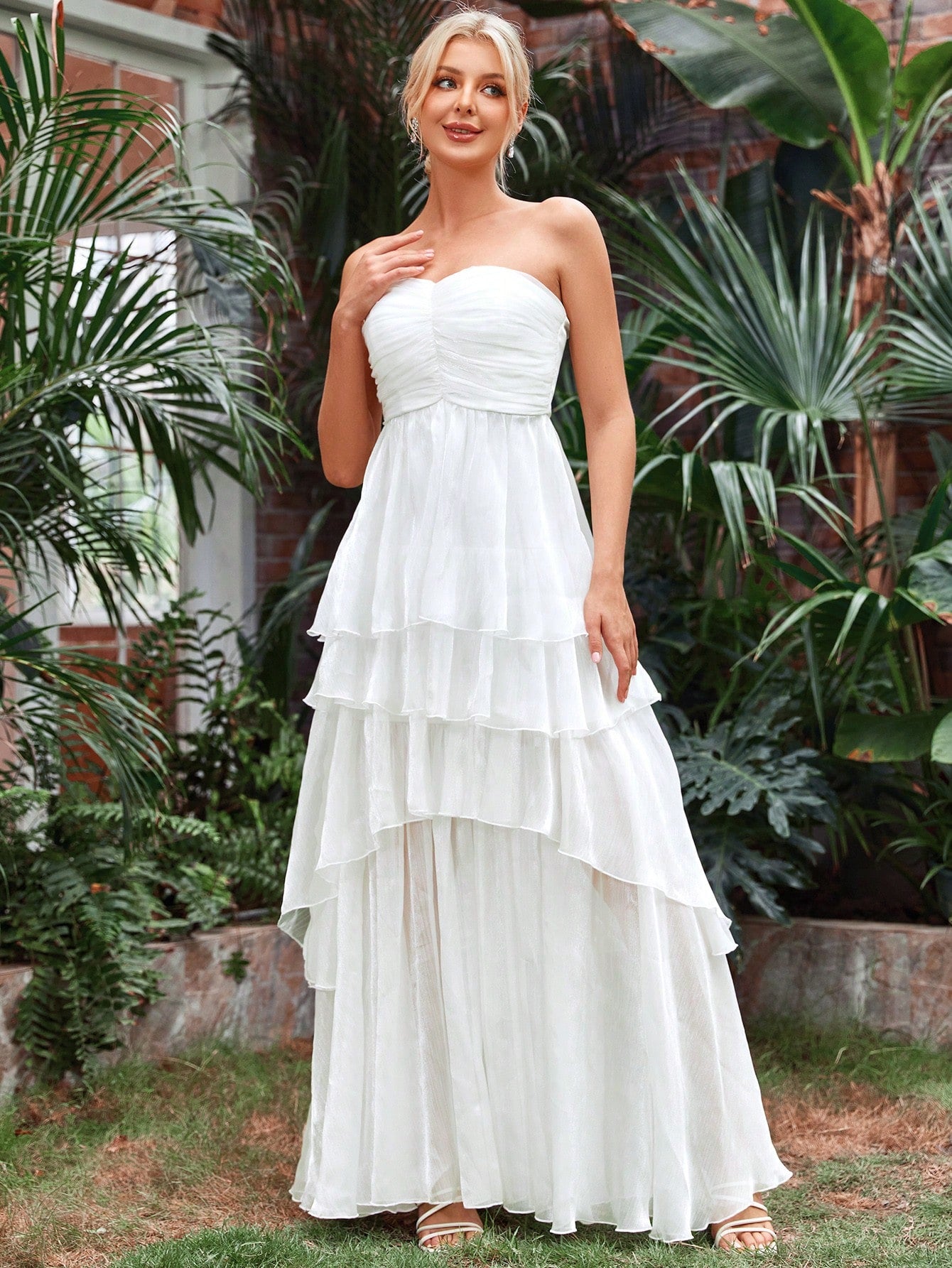 Ruched Bust Layer Hem Chiffon Tube Wedding Dress