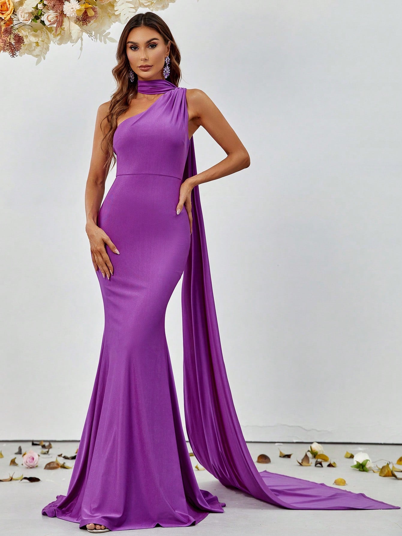 Elegant One Shoulder Ruched Draped Side Mermaid Dress