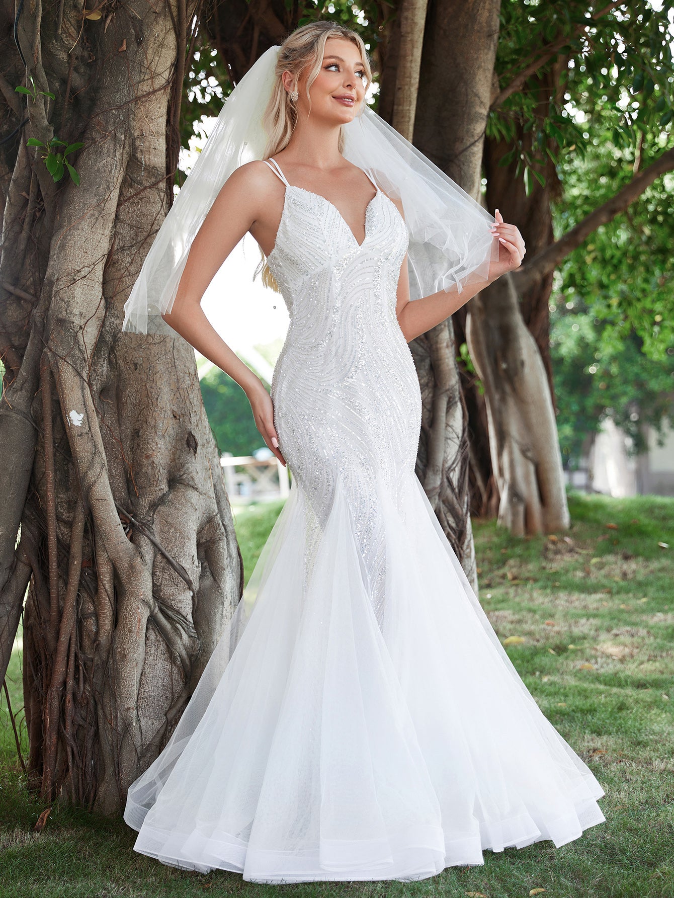 Mesh Insert Mermaid Hem Lace Up Backless Sequin Wedding Dresses