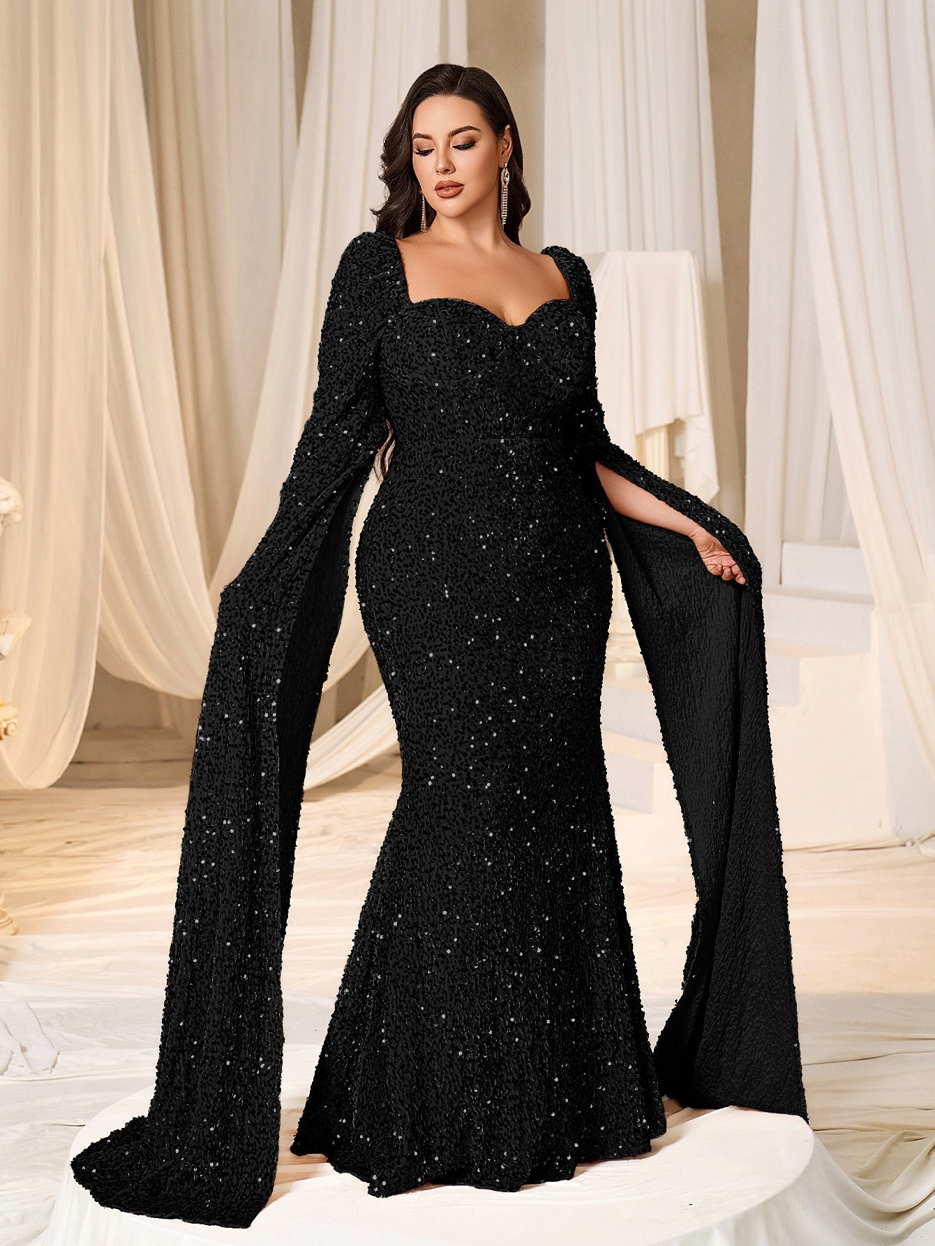 Plus Sweetheart Neck Extra-Long Sleeves Sequin Evening Dress