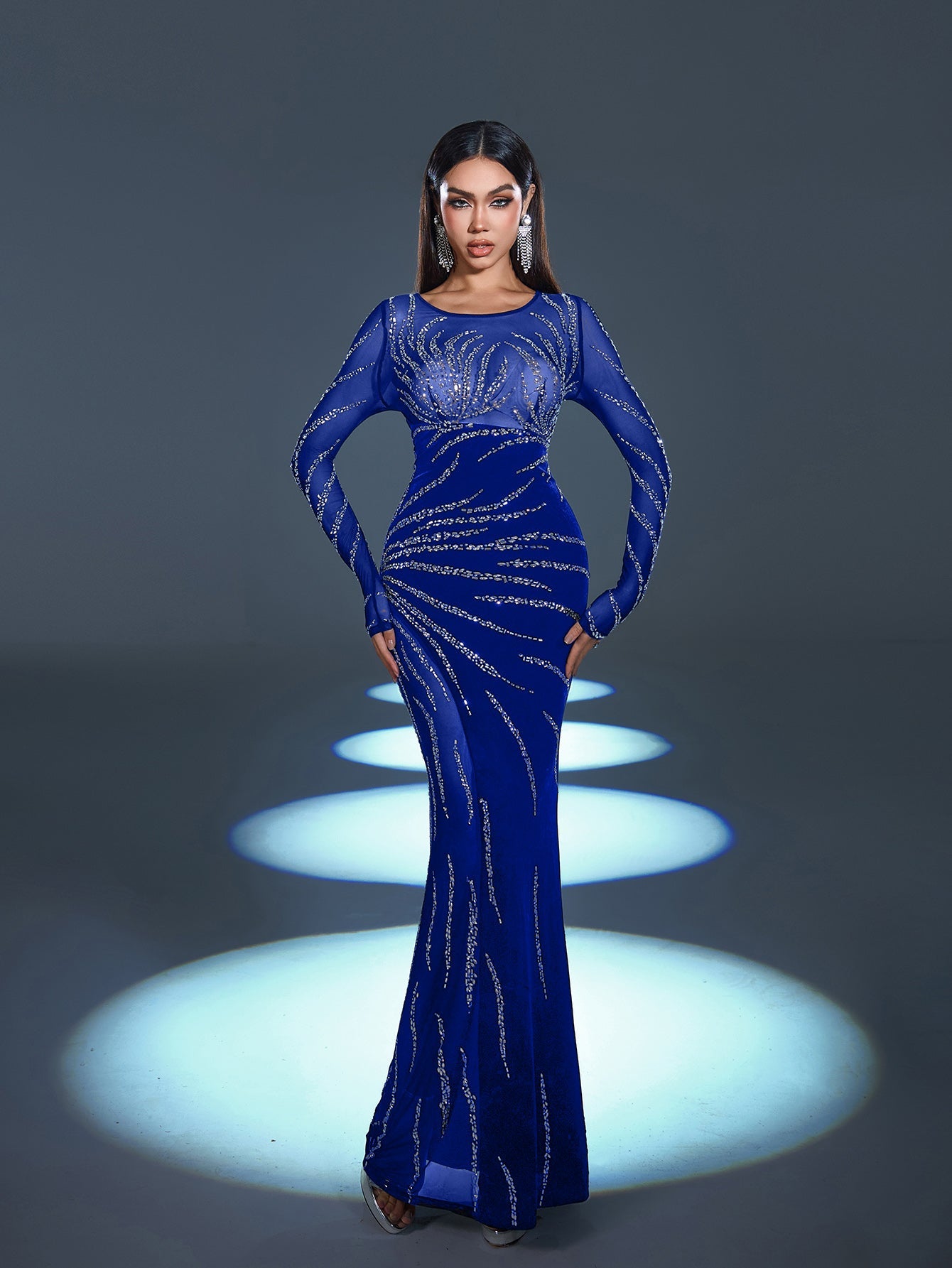 Gorgous Rhinestone Embellished Sheer Sleeves Mermaid Hem Velvet Evening Dress