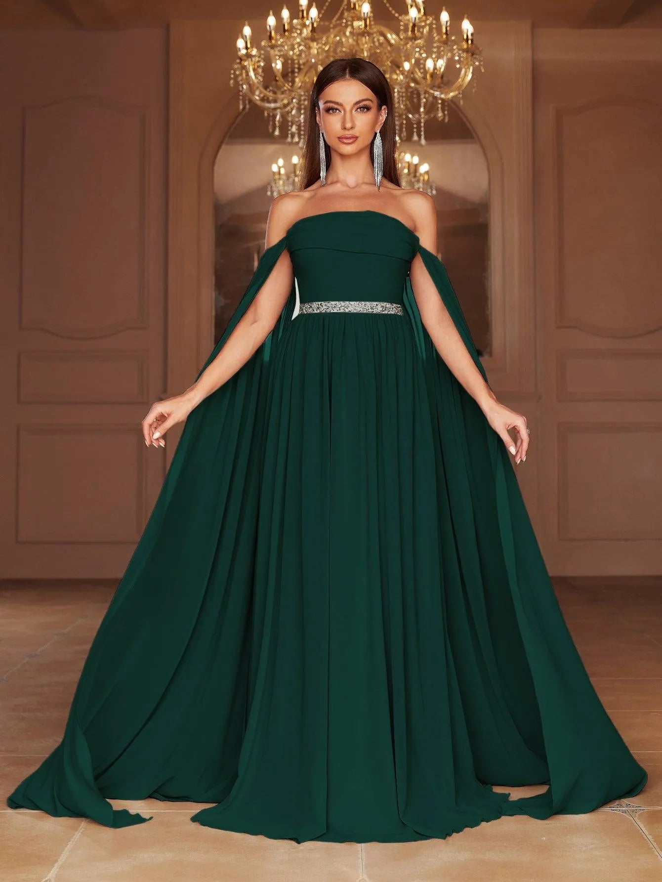 Elegant Off Shoulder Extra-Long Sleeves Chiffon Prom Dress