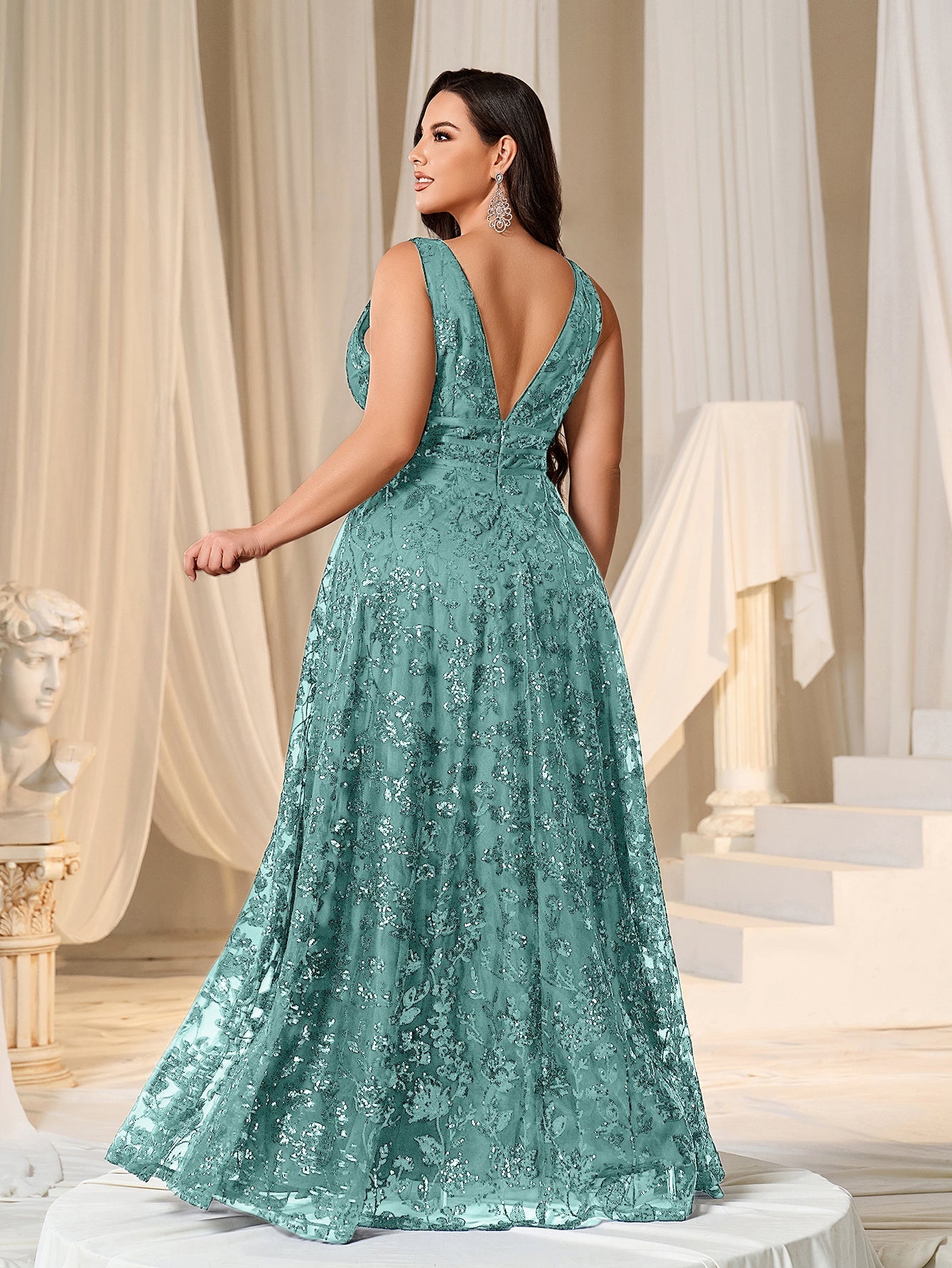 Plus Plunging Meck Backless Floral Sequin Prom Dress