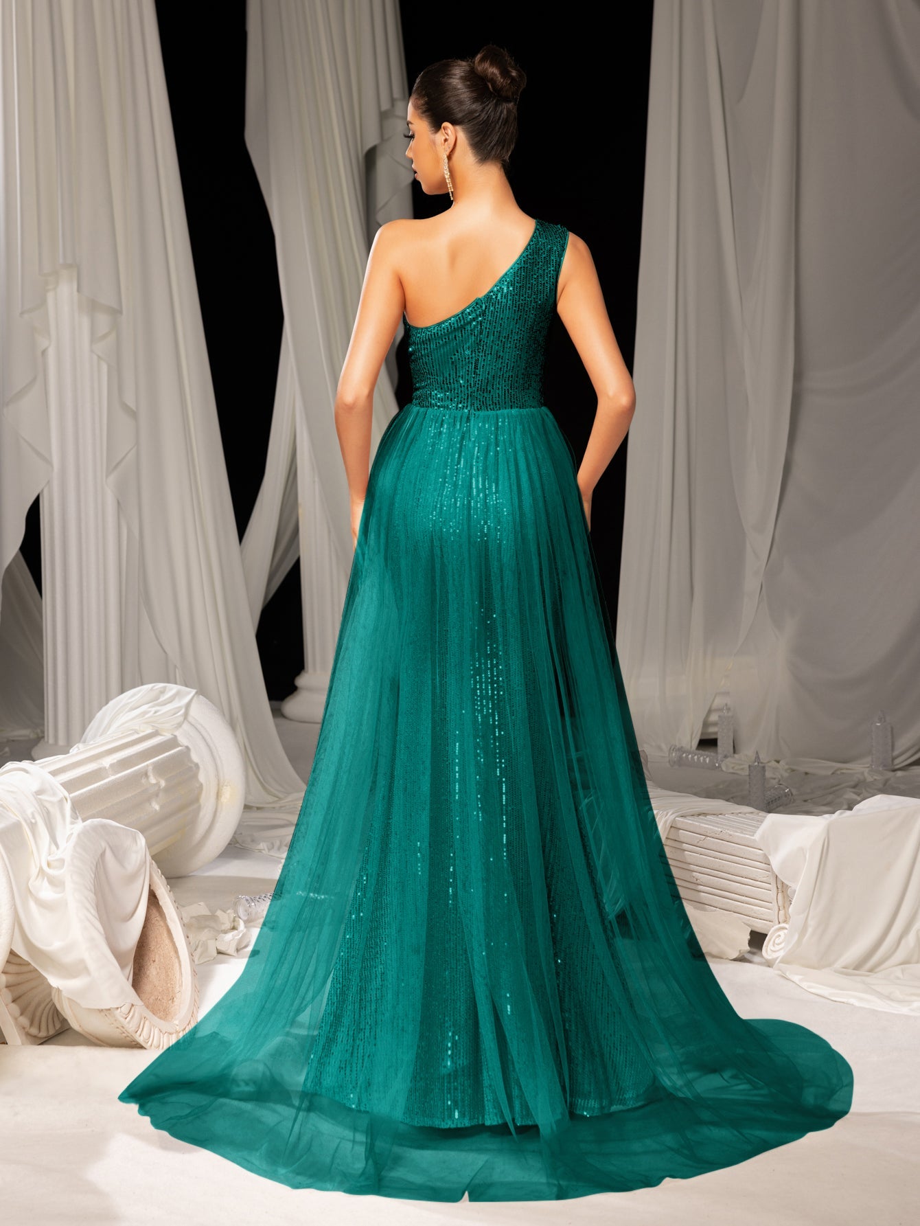 Elegant One Shoulder Sleeveless Mesh Overlay Sequin Formal Prom Dress