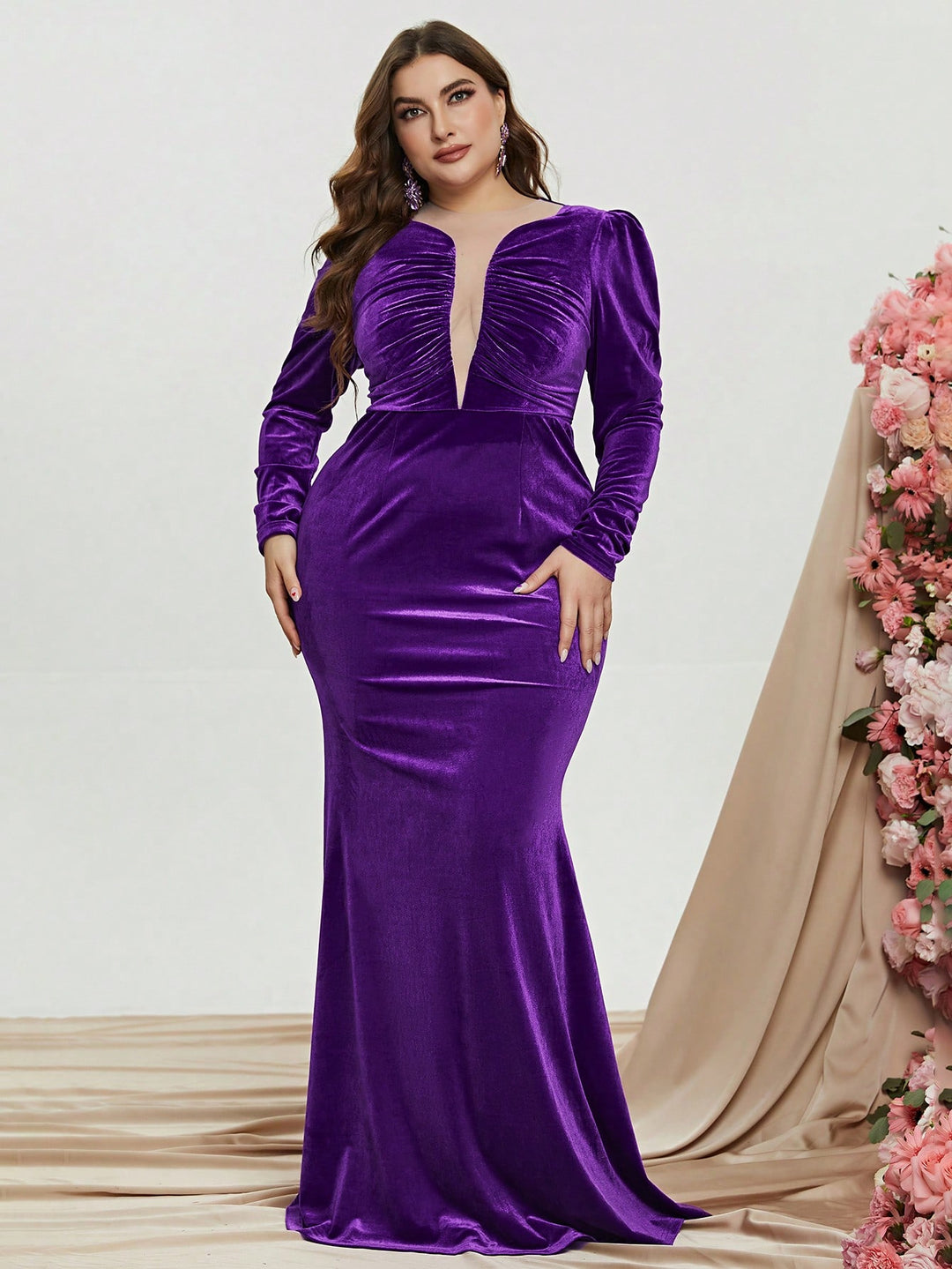 Plus Mesh Insert Ruched Velvet Mermaid Dresses