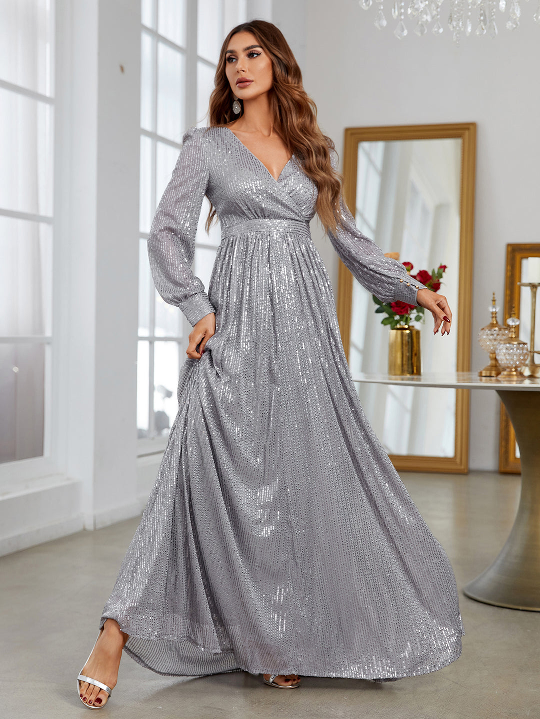 Elegant V Neck Lantern Sleeve Sequin A Line Dresses