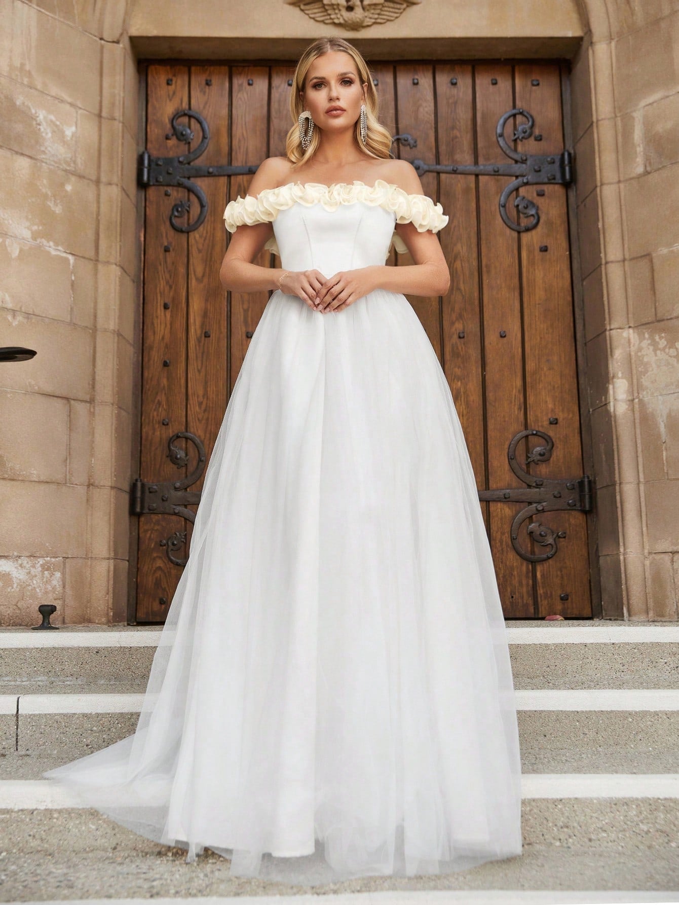 Off Shoulder Satin Bodice Contrast Organza Hem Wedding Dresses