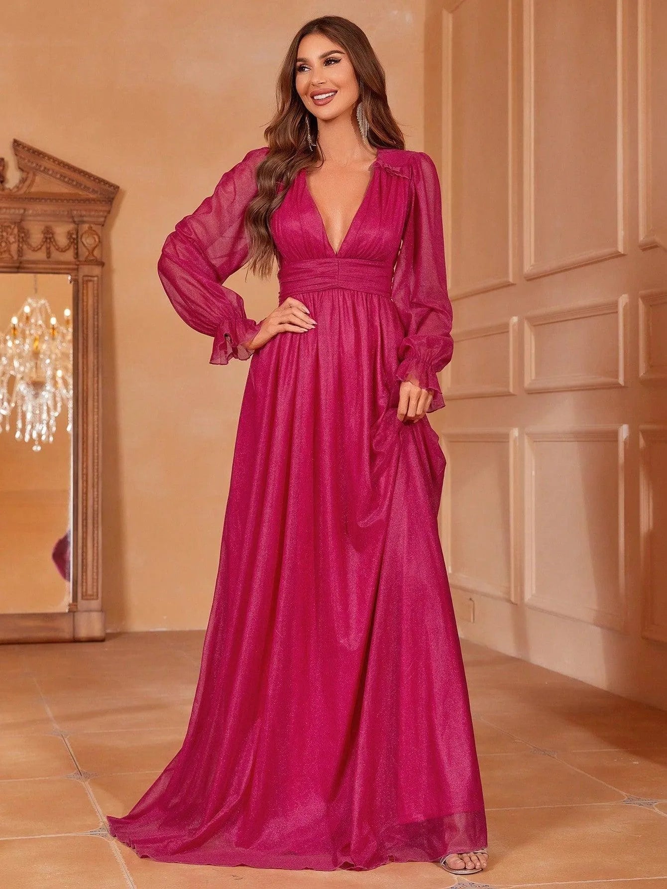 Plunging Neck Lantern Sleeve Maxi A Line Dresses