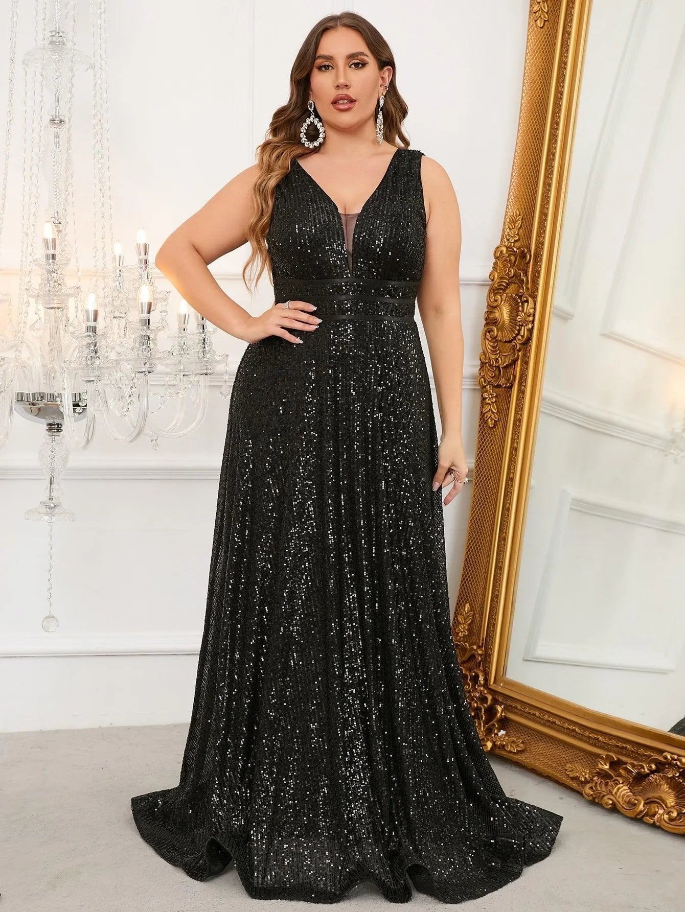 Plus Plunging Neck Sequin Floor Length Dress