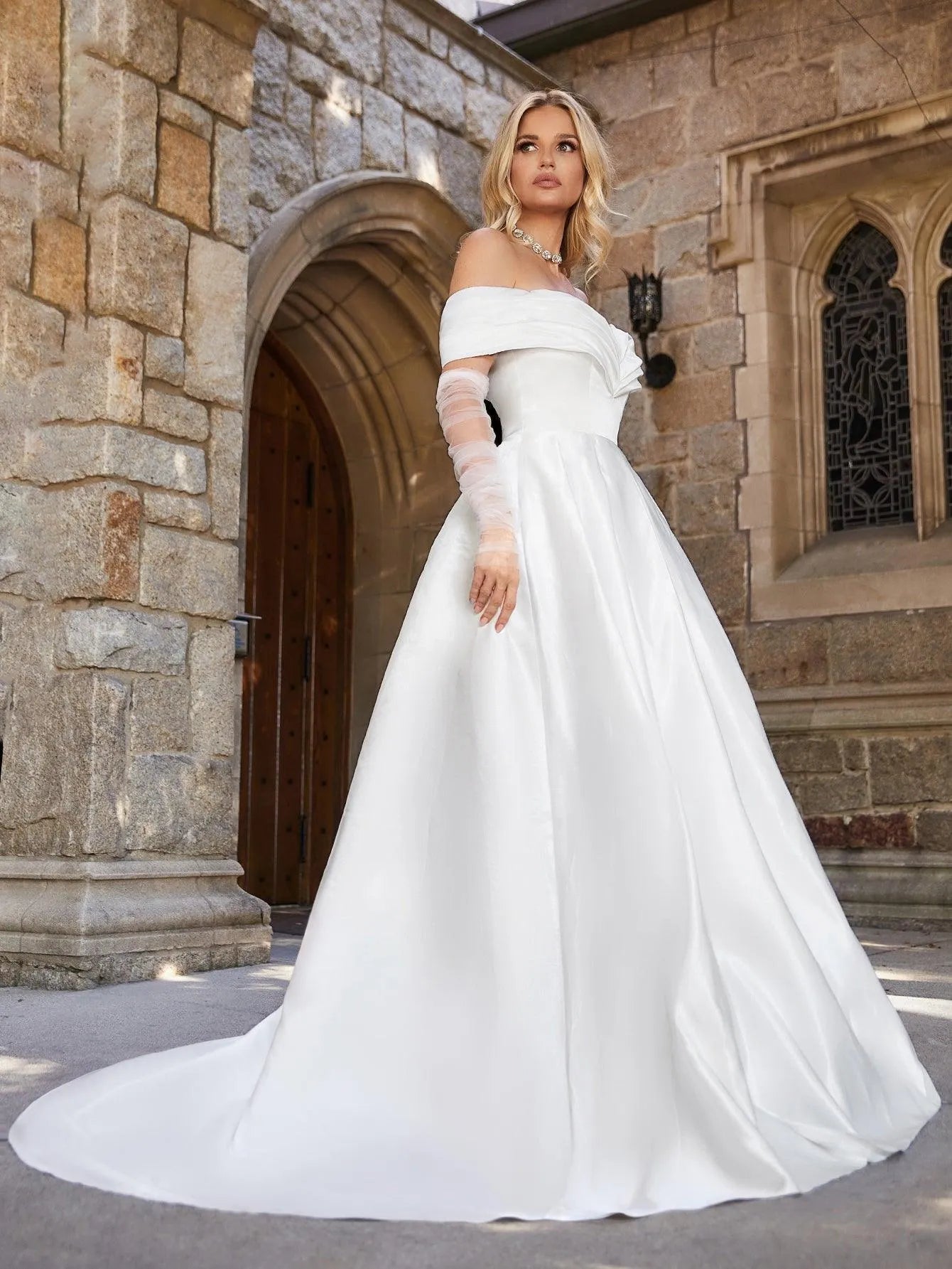 Off Shoulder Floor Length Satin Wedding Dress