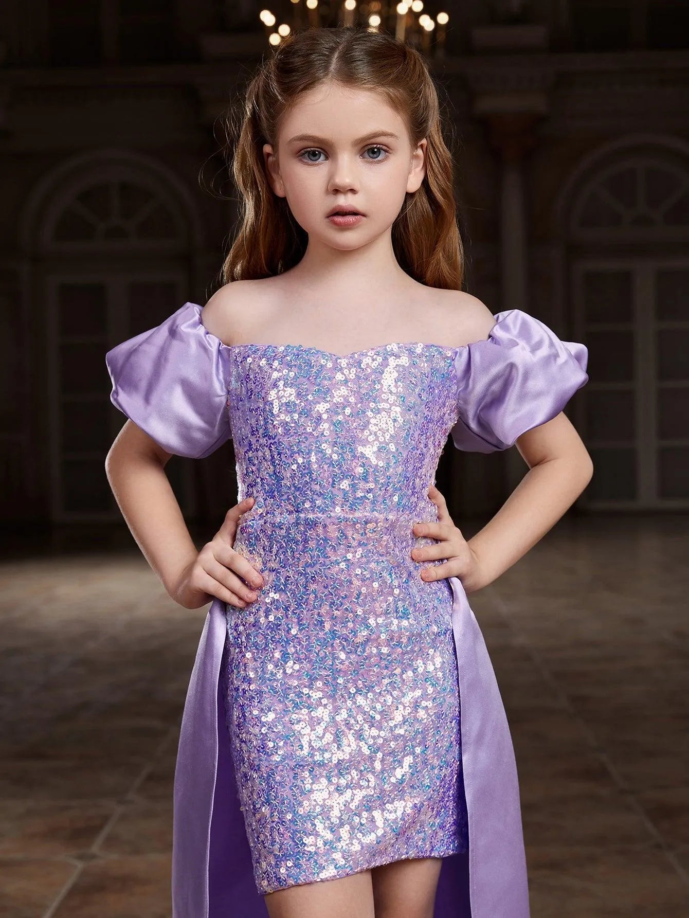 Tween Girls' Off Shoulder Puff Sleeves Satin Overlay Sequin Party Dress