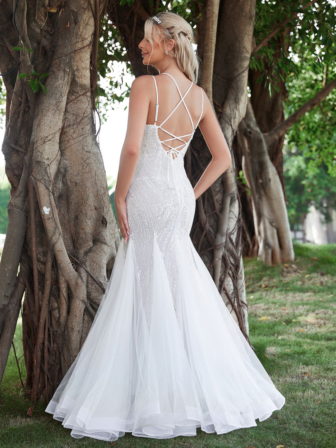 Mesh Insert Mermaid Hem Lace Up Backless Sequin Wedding Dresses