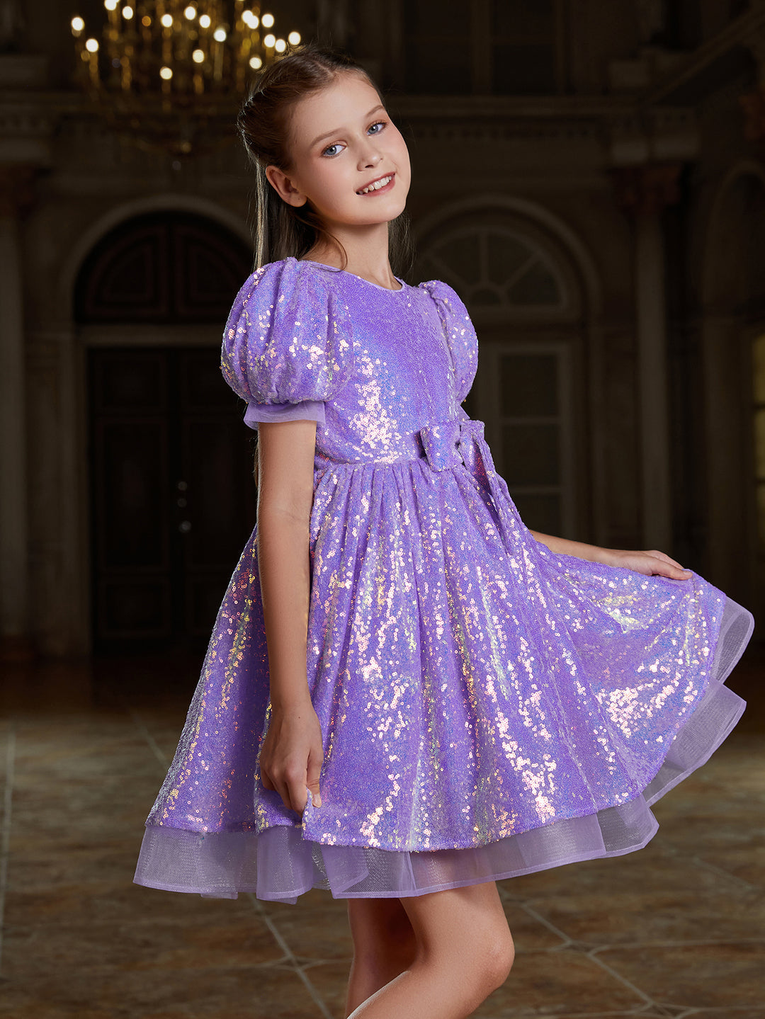 Girl's Cute Bow Front Puff Sleeve Sequin Party Dress