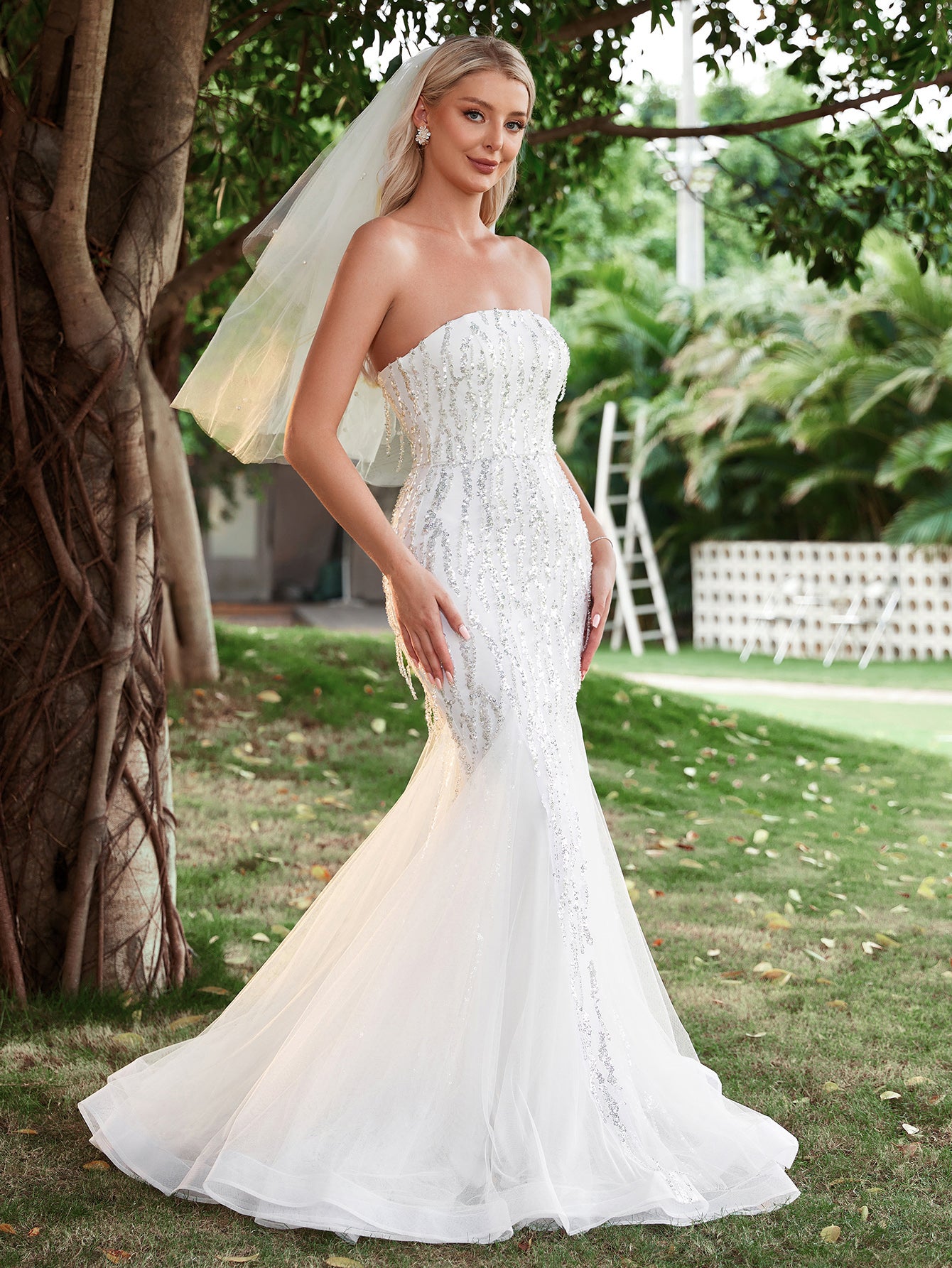 Mesh Insert Mermaid Hem Sequin Tube Wedding Dresses