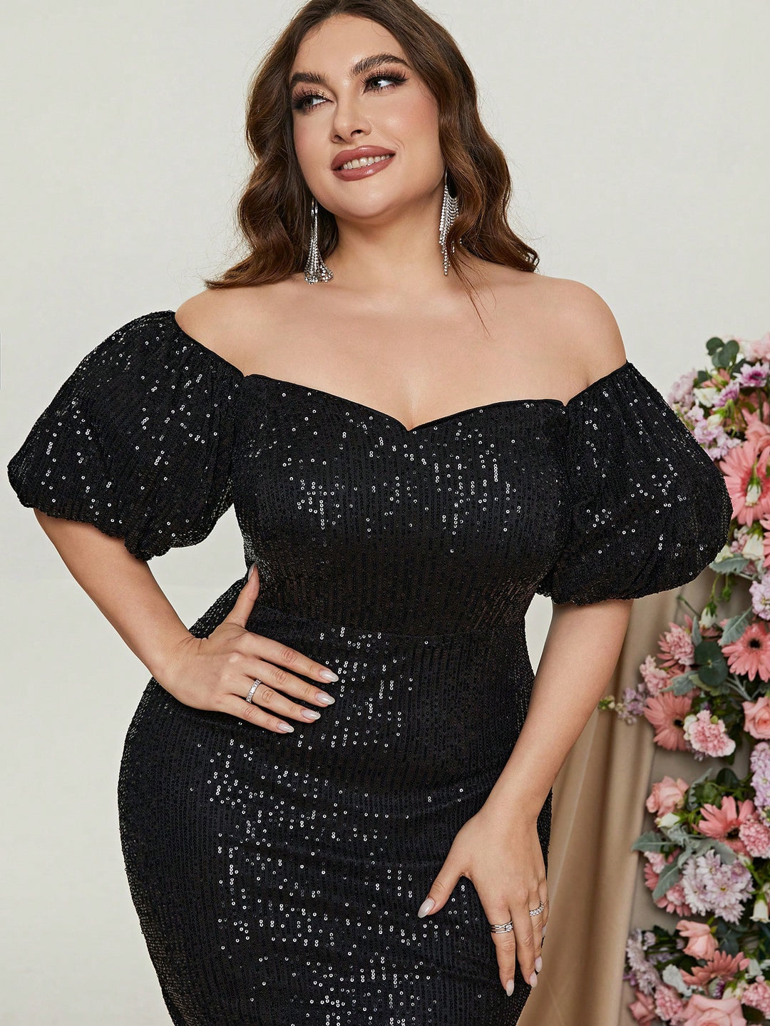 Plus Off Shoulder Puff Sleeve Sequin Midi Dresses