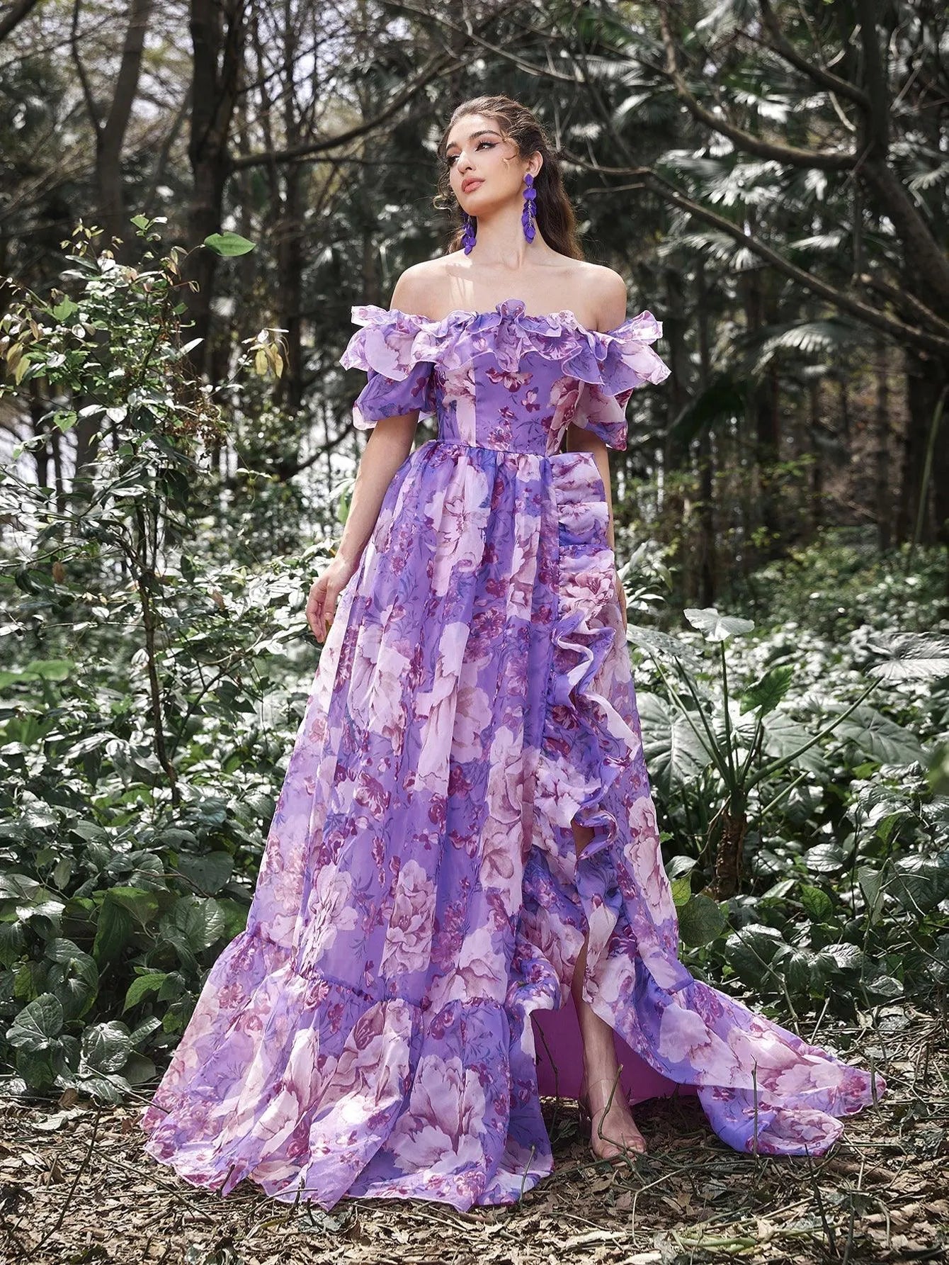 Elegant Ruffle Trim Off Shoulder Floral Organza Prom Dress