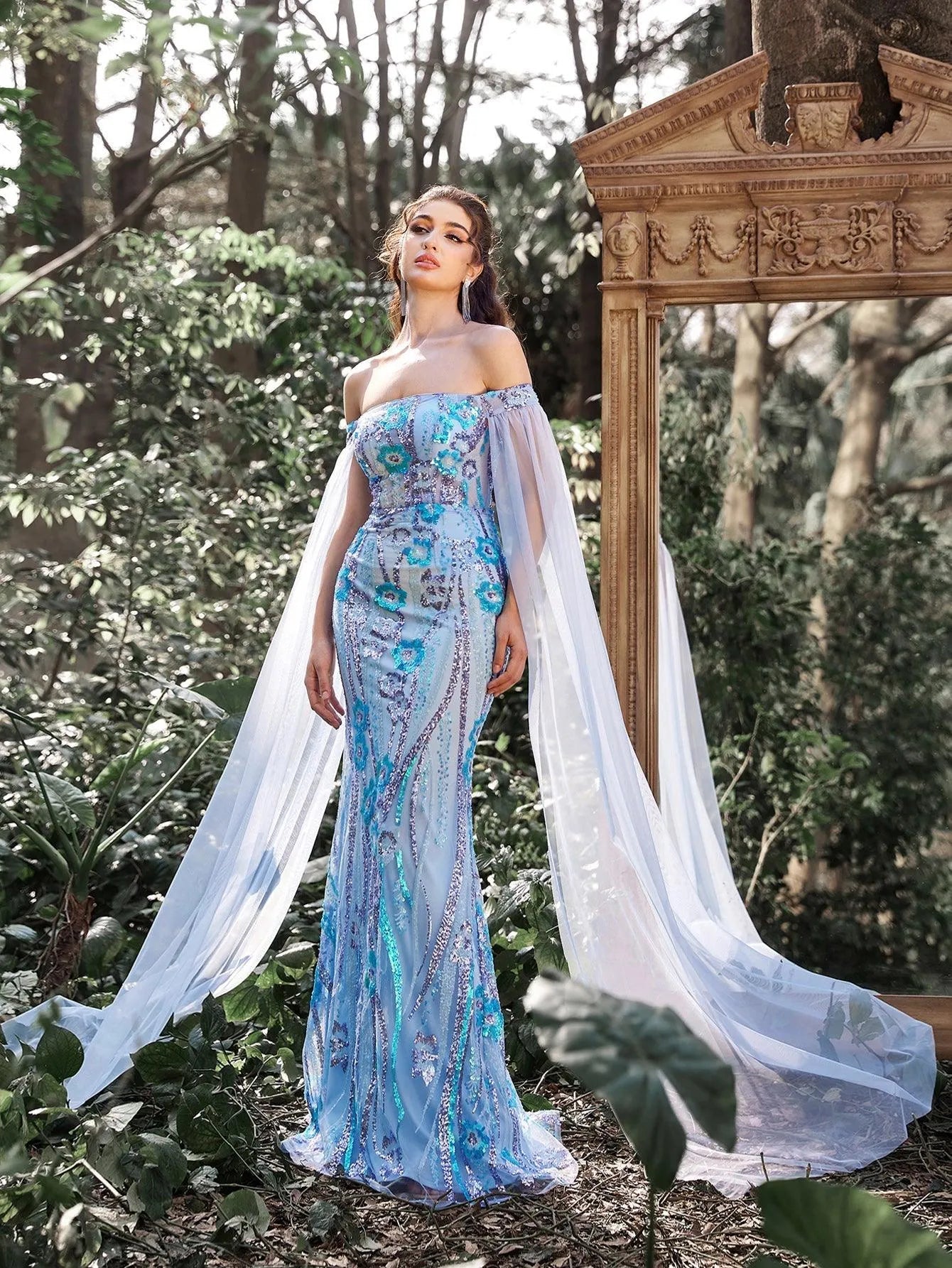 Elegant Off Shoulder Cape Sleeves Mermaid Hem Floral Sequin Evening Dress