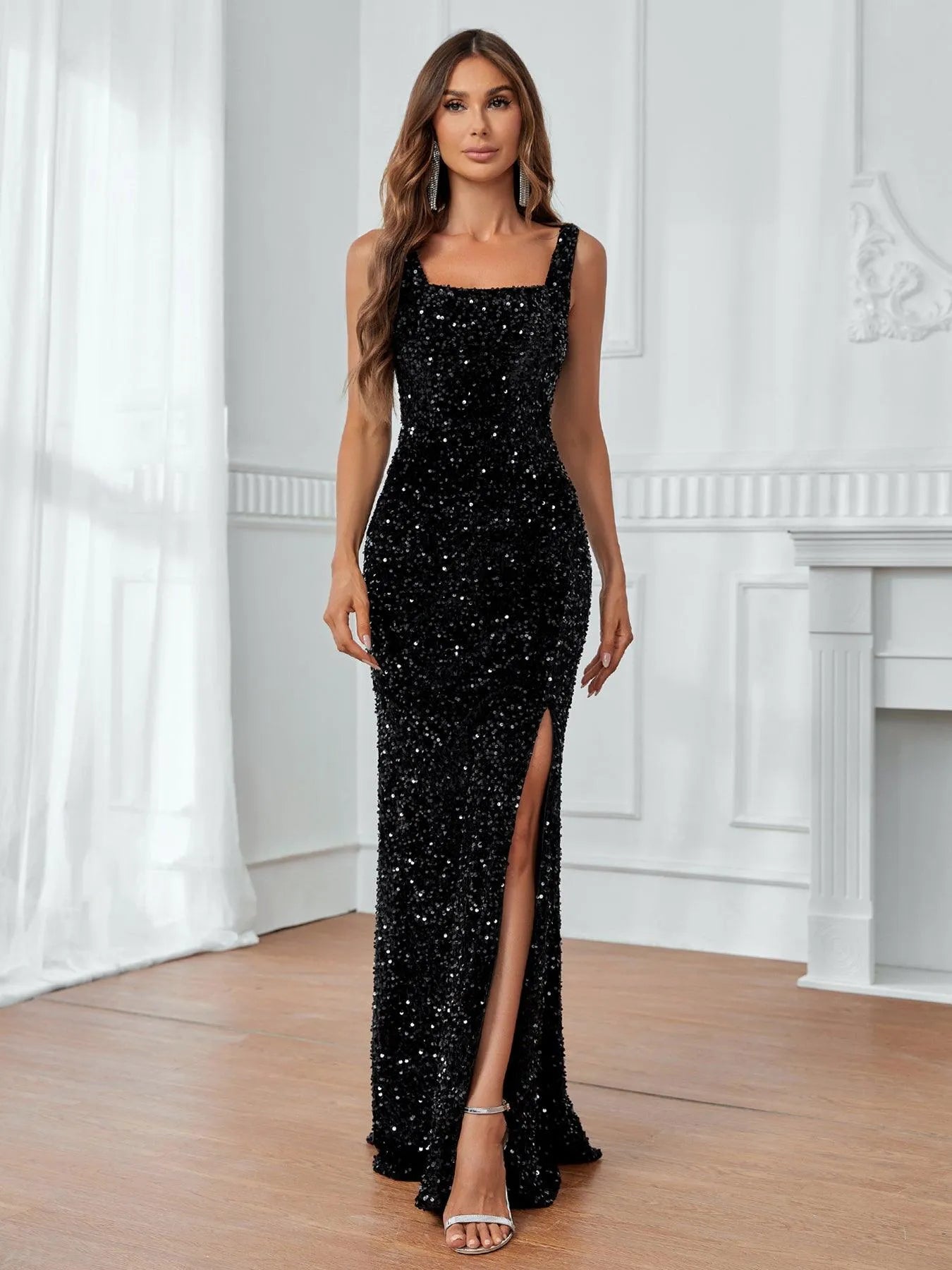 Square Collar Sleeveless Split Thigh Sequin Party Dress