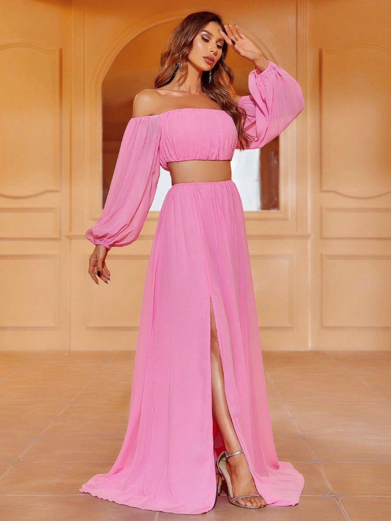 Off Shoulder Lantern Sleeve Crop Top & Split Thigh Skirt