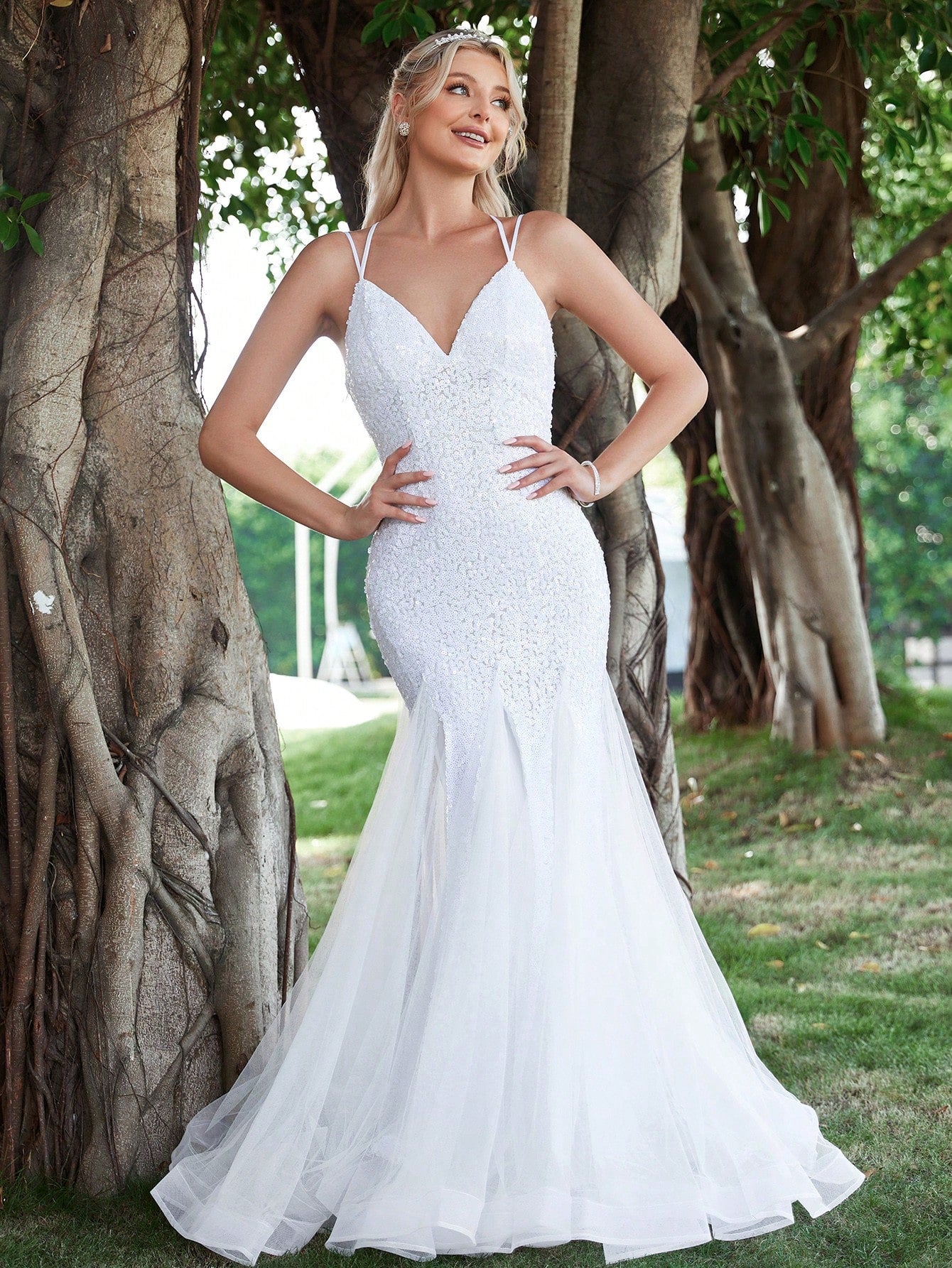 Lace Up Backless Mermaid Hem Sequin Cami Wedding Dresses