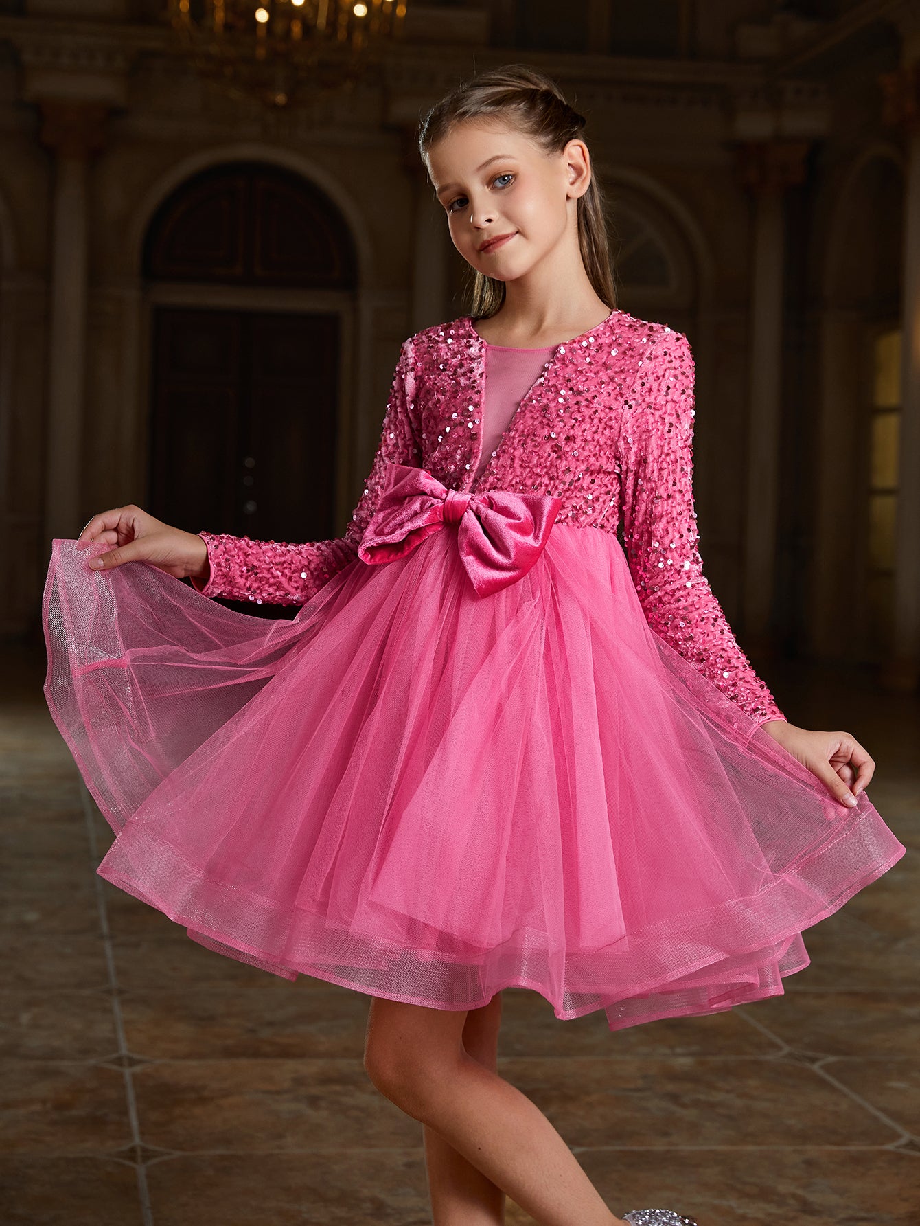 Girl's Cute Bow Front Long Sleeve Party Dress