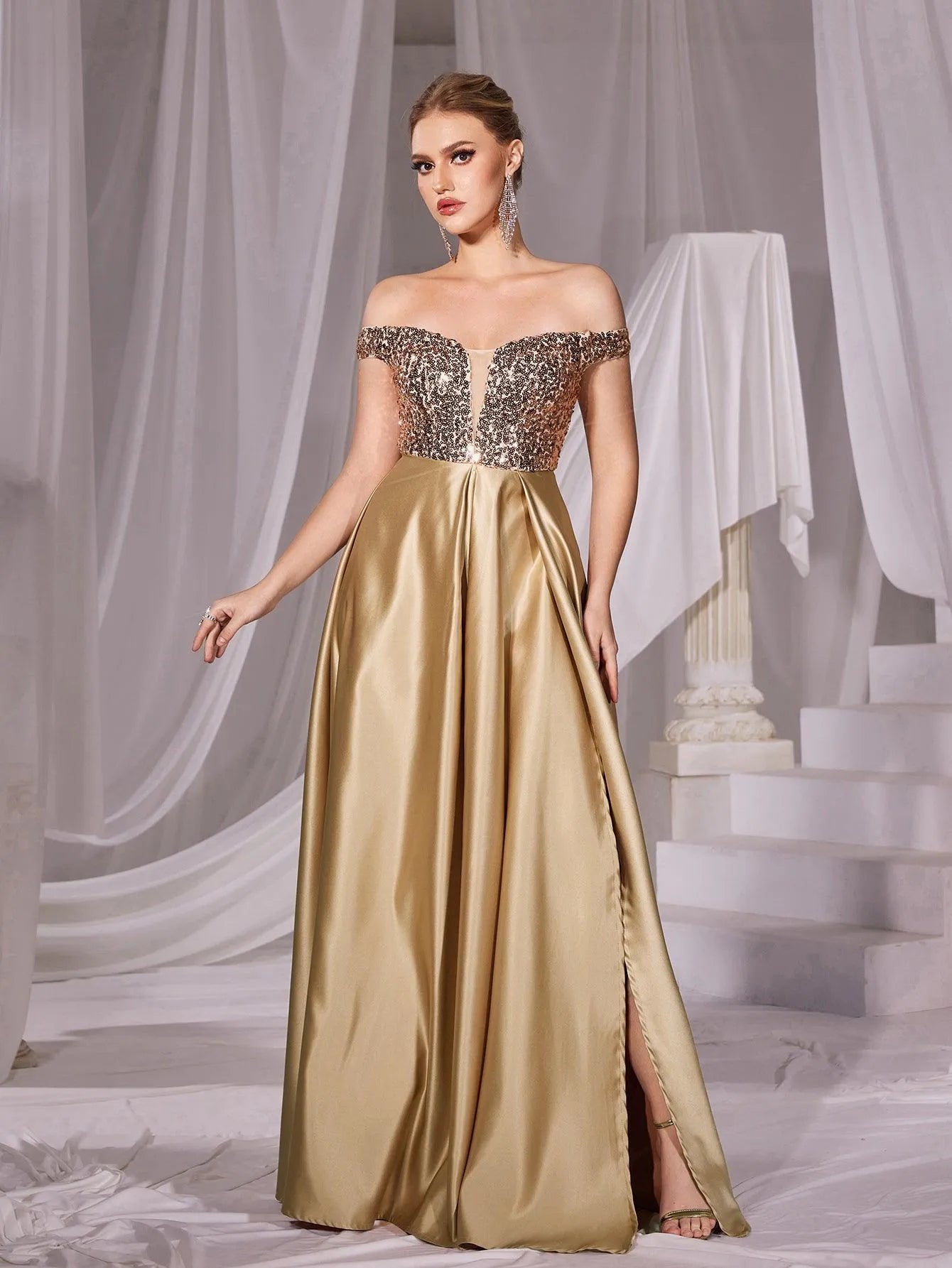 Off Shoulder Contrast Sequin Satin Prom Dress