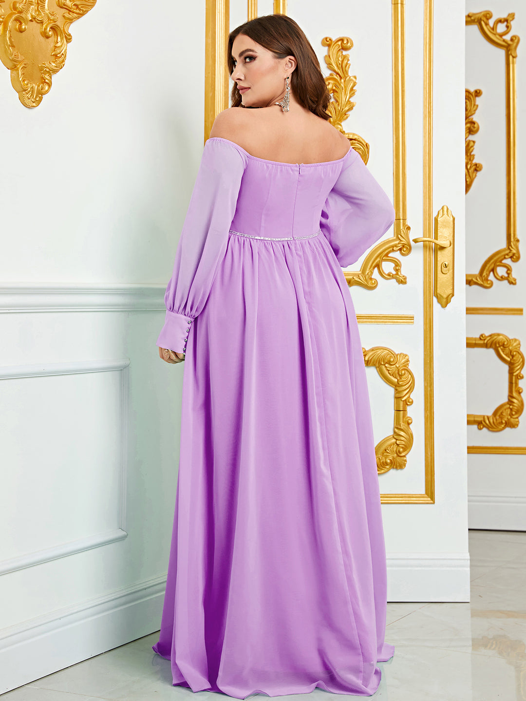 Plus Size Elegant Off Shoulder Long Sleeve Chiffon A Line Dresses