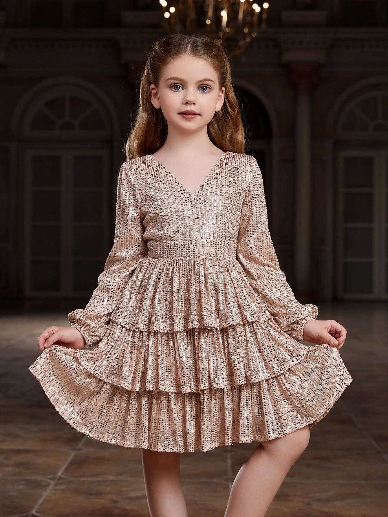 Tween Girls' Backless V Neck Layered Hem Sequin Party Dress