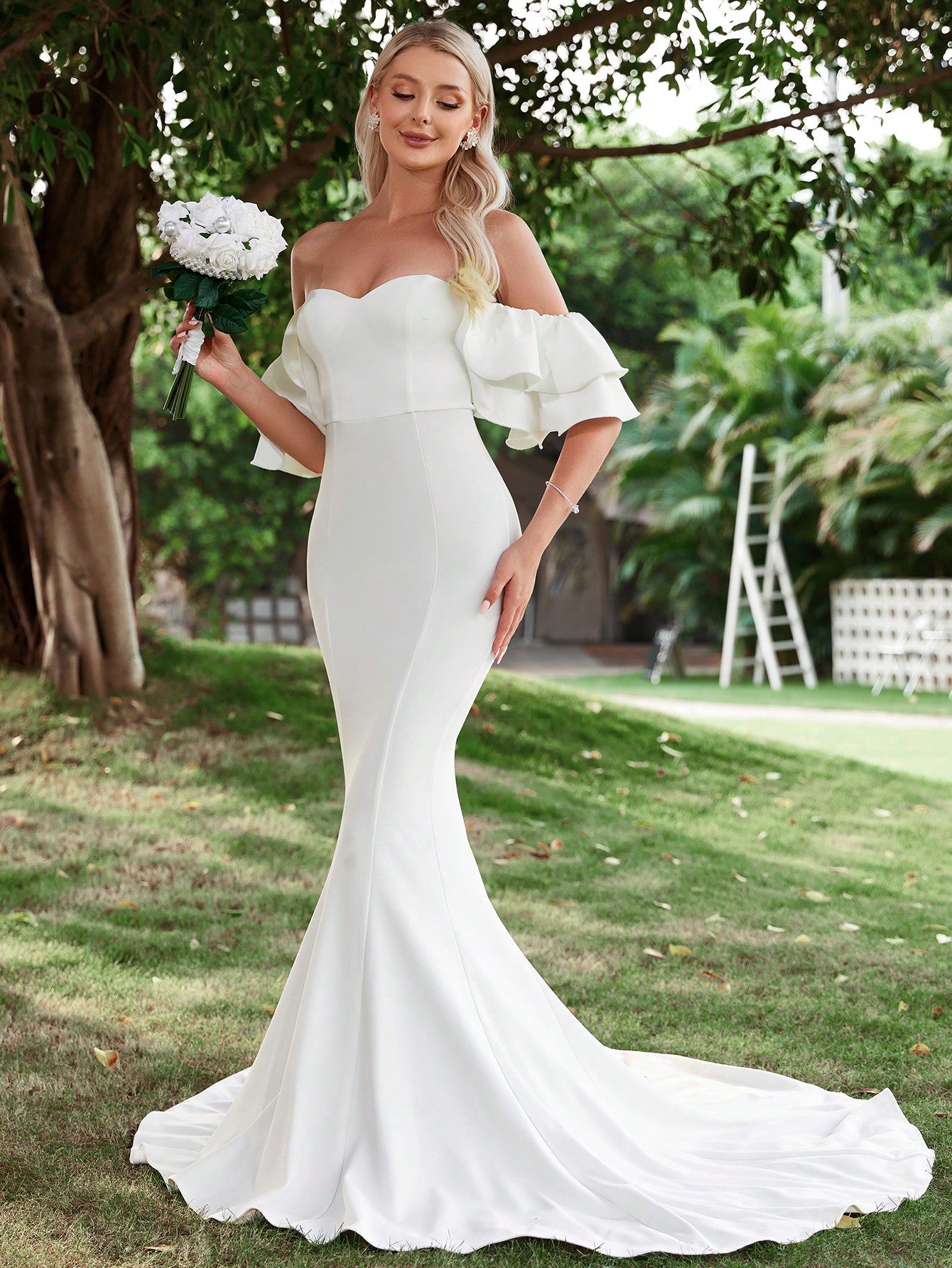 Off Shoulder Ruffle Trim Mermaid Wedding Dress