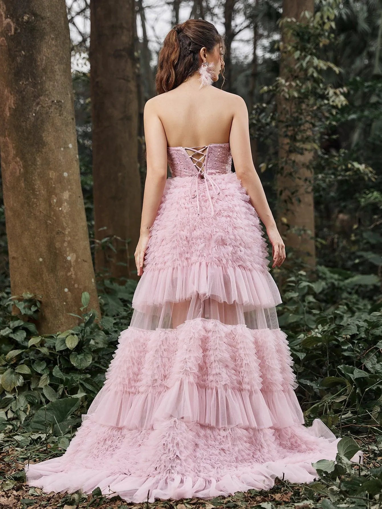 Luxury Ruffle Trim Sequin Bodice Cascading Tulle Hem Prom Dress