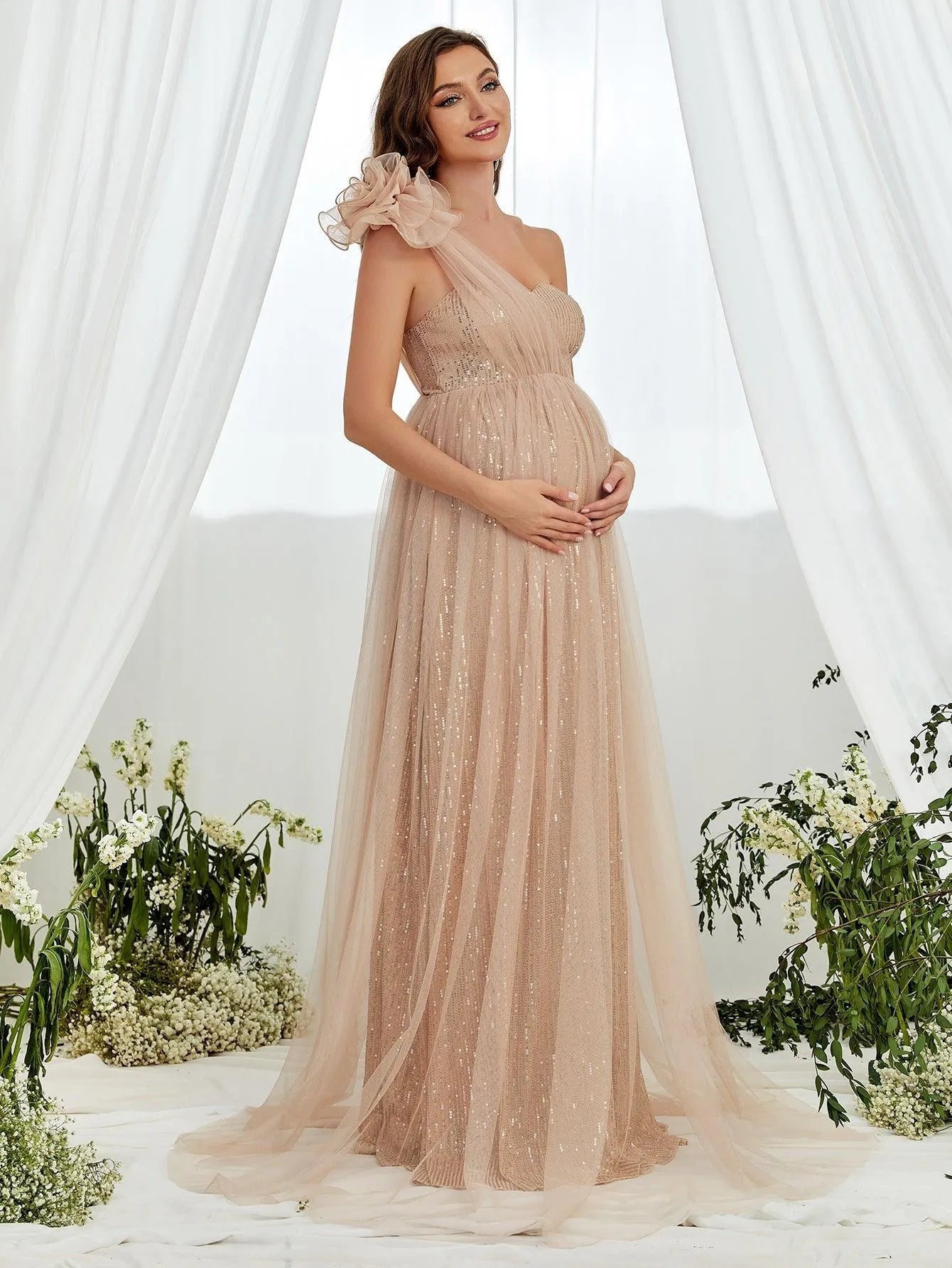 Maternity One Shoulder Contrast Mesh Sequin Formal Dress