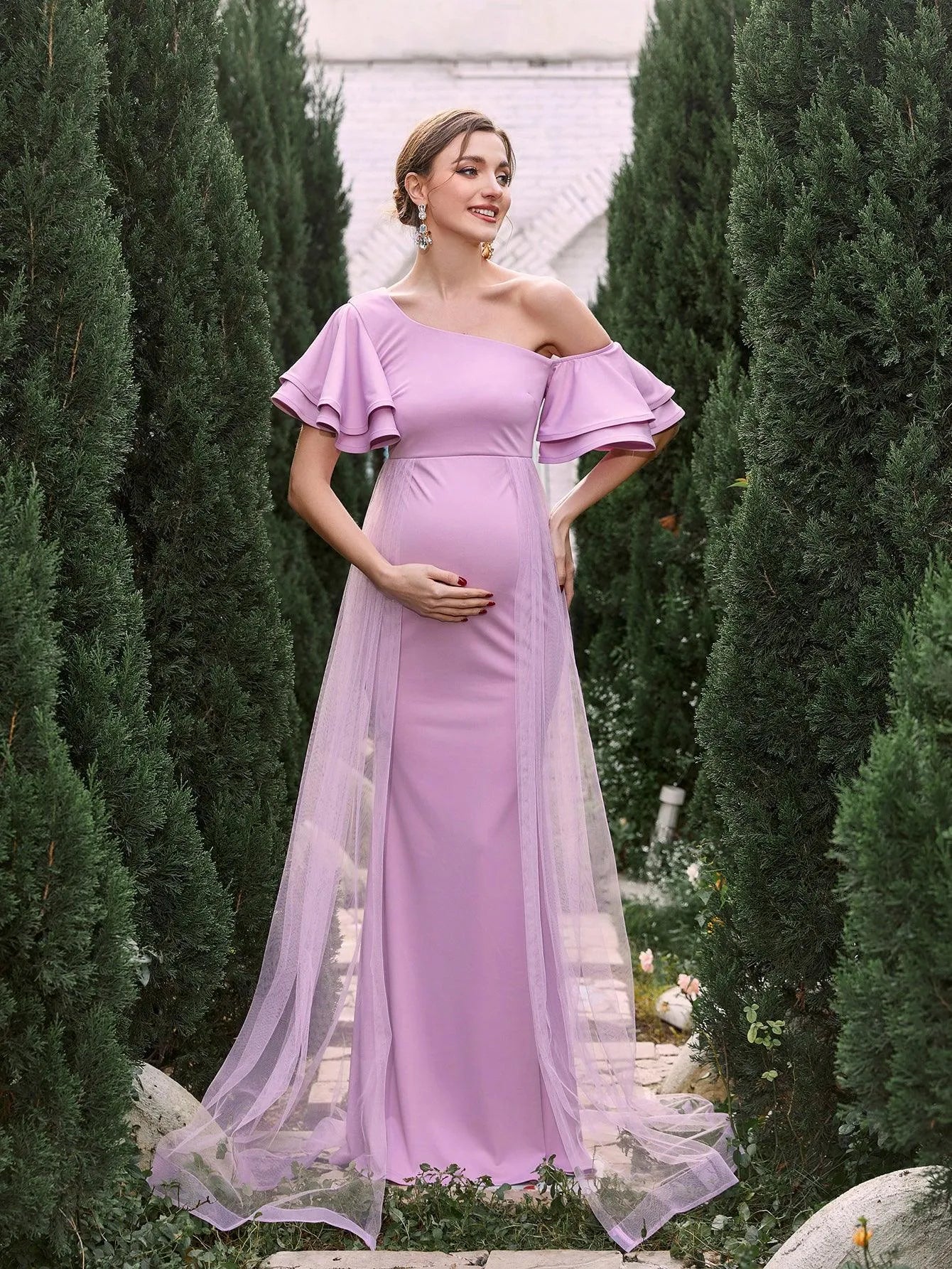 Maternity Asymmetrical Collar Ruffle Sleeves Mermaid Dress