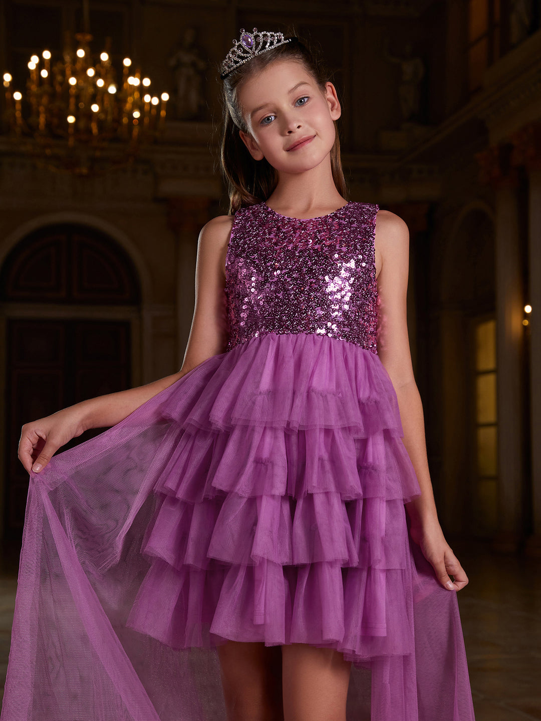 Tween Girls' Mesh Layered Hem Sequin Party Dress