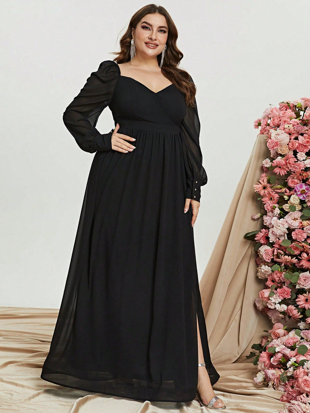 Plus Size Sweetheart Backless Long Sleeve Chiffon A line Dresses