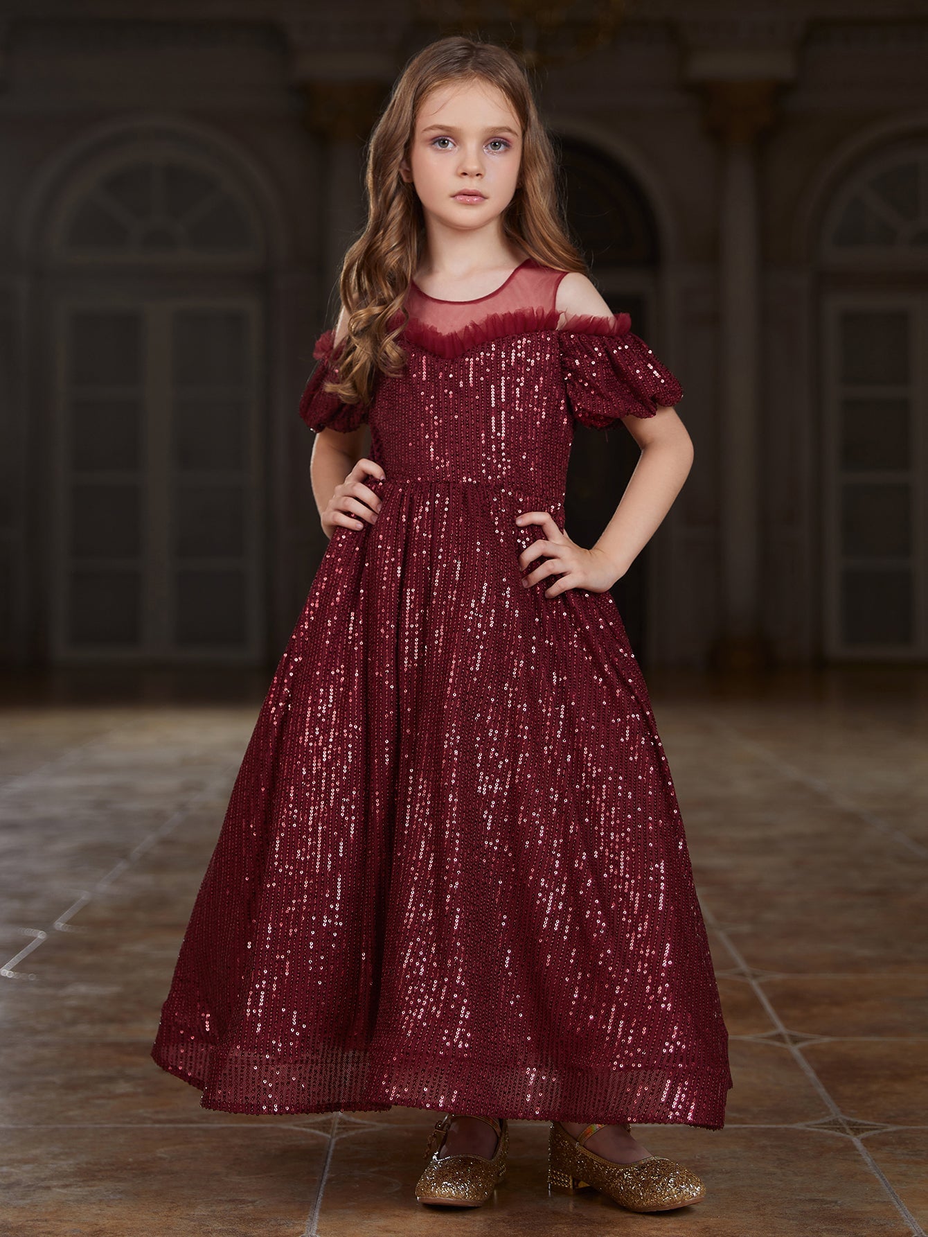 Girl's Cold Shoulder Sequin A Line Party Dress