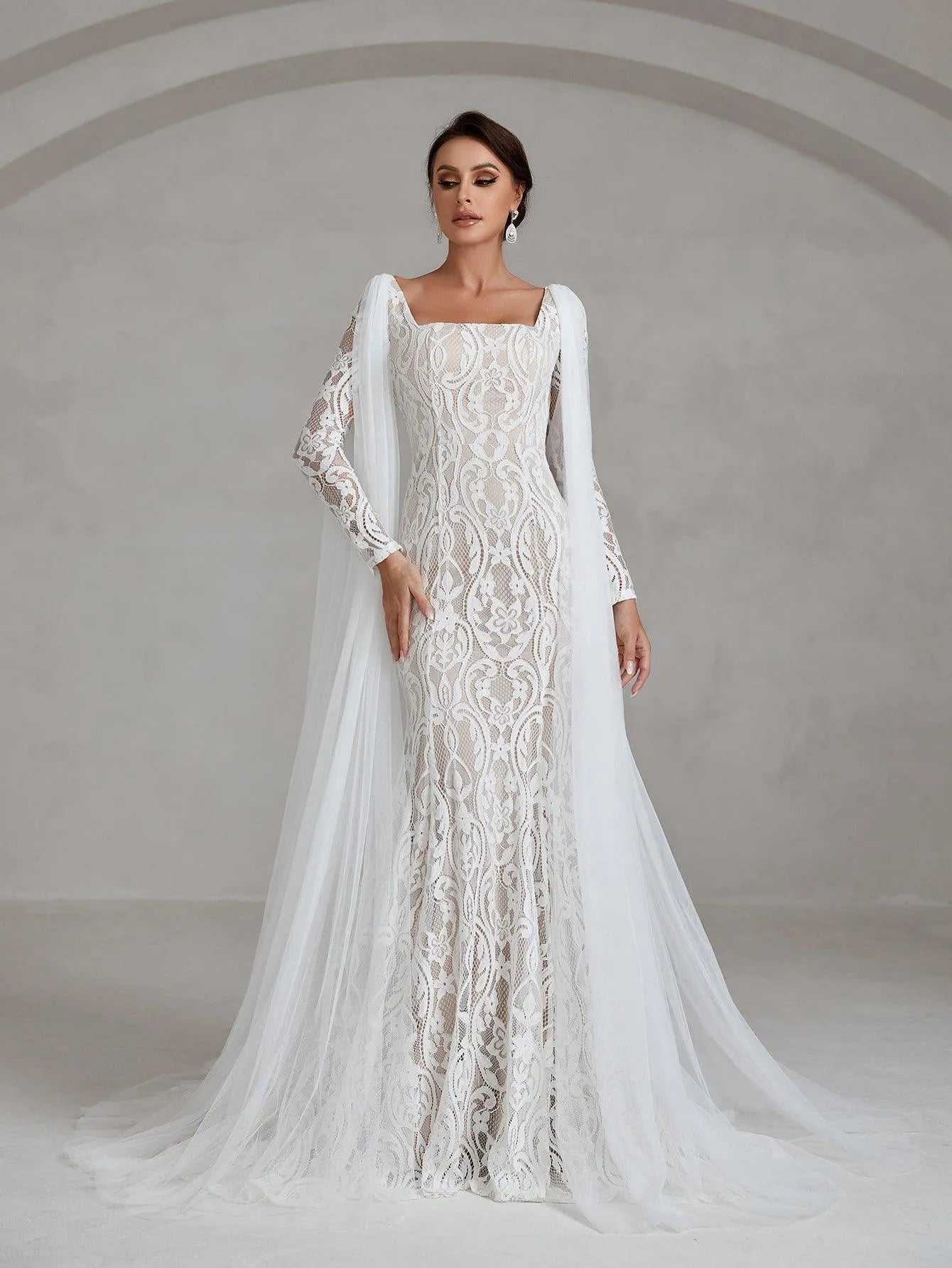 Elegant Square Neck Mermaid Lace Wedding Dress With Cape