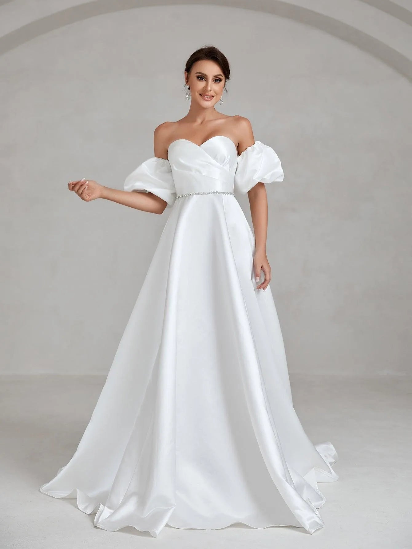 Puff Sleeve Rhinestone Waistband Satin Tube Wedding Dress